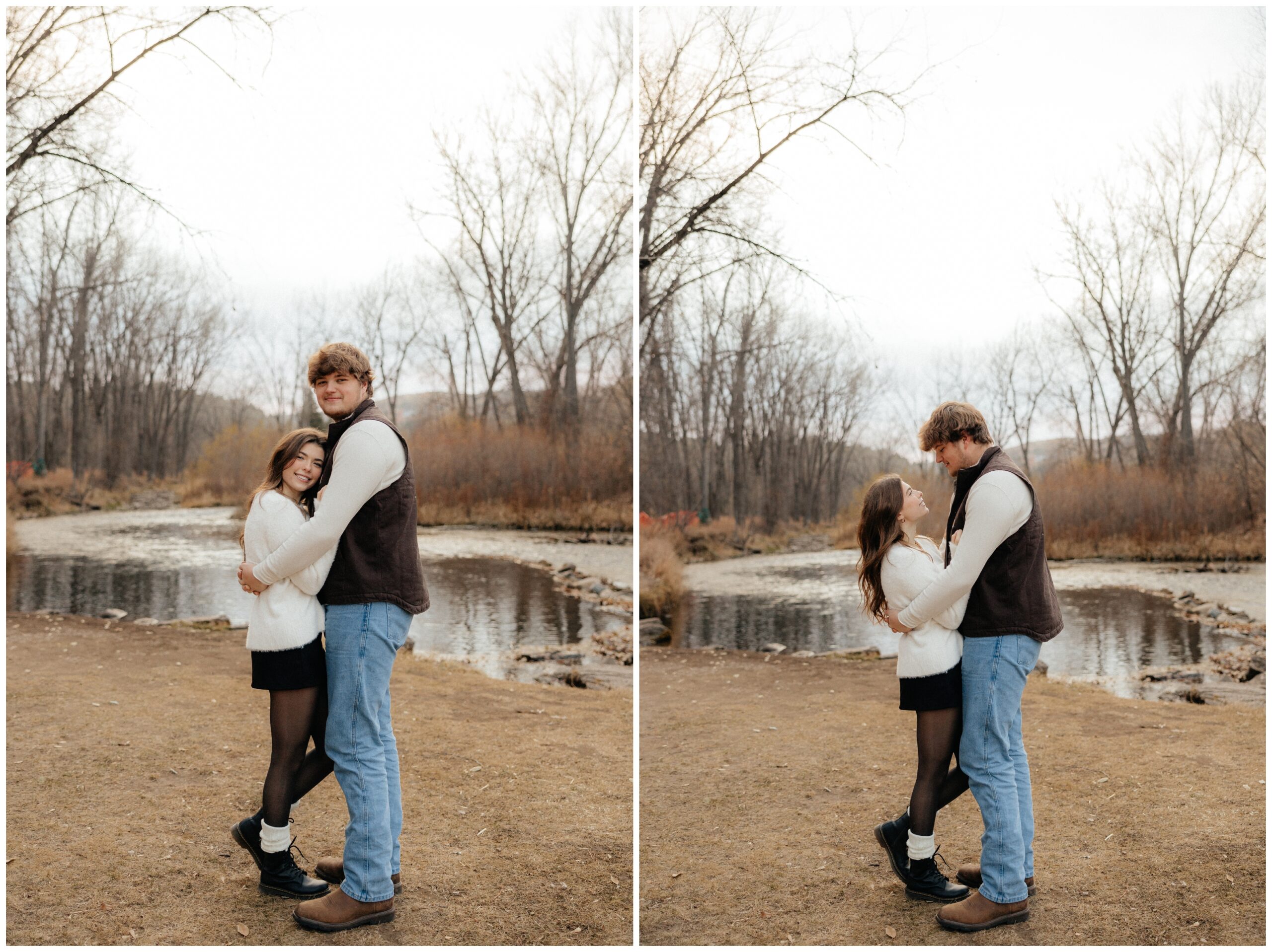 A couple wearing a black and white outfit with blue jeans and boots.