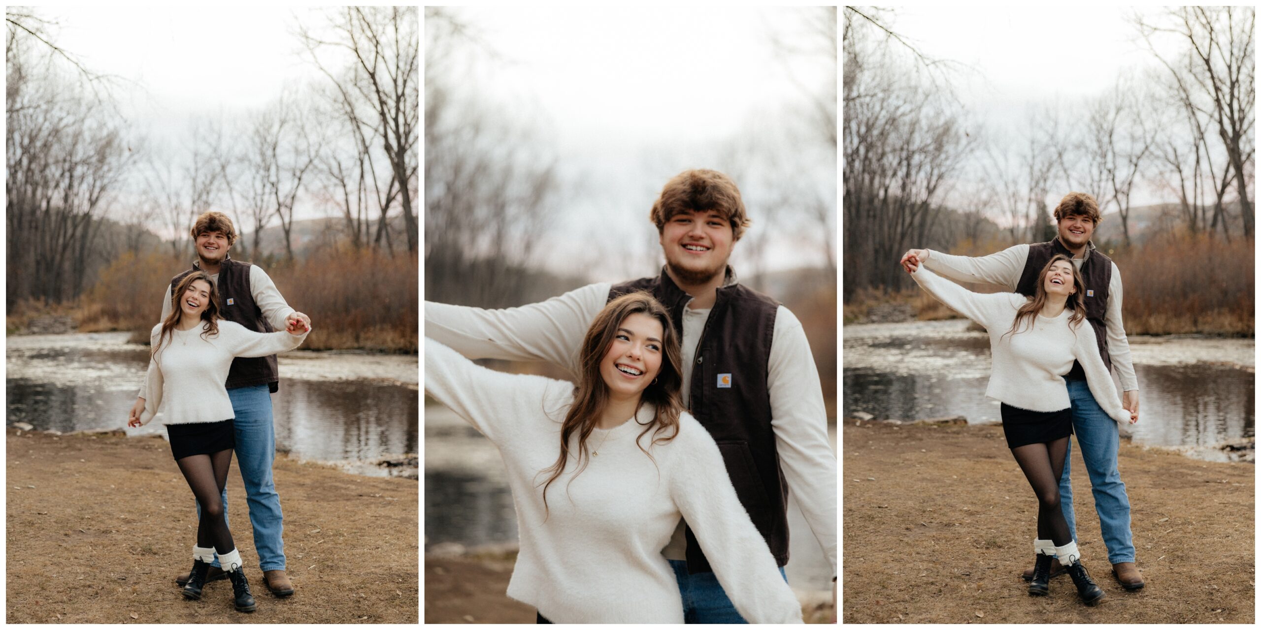 A couple doing airplane arm pose.