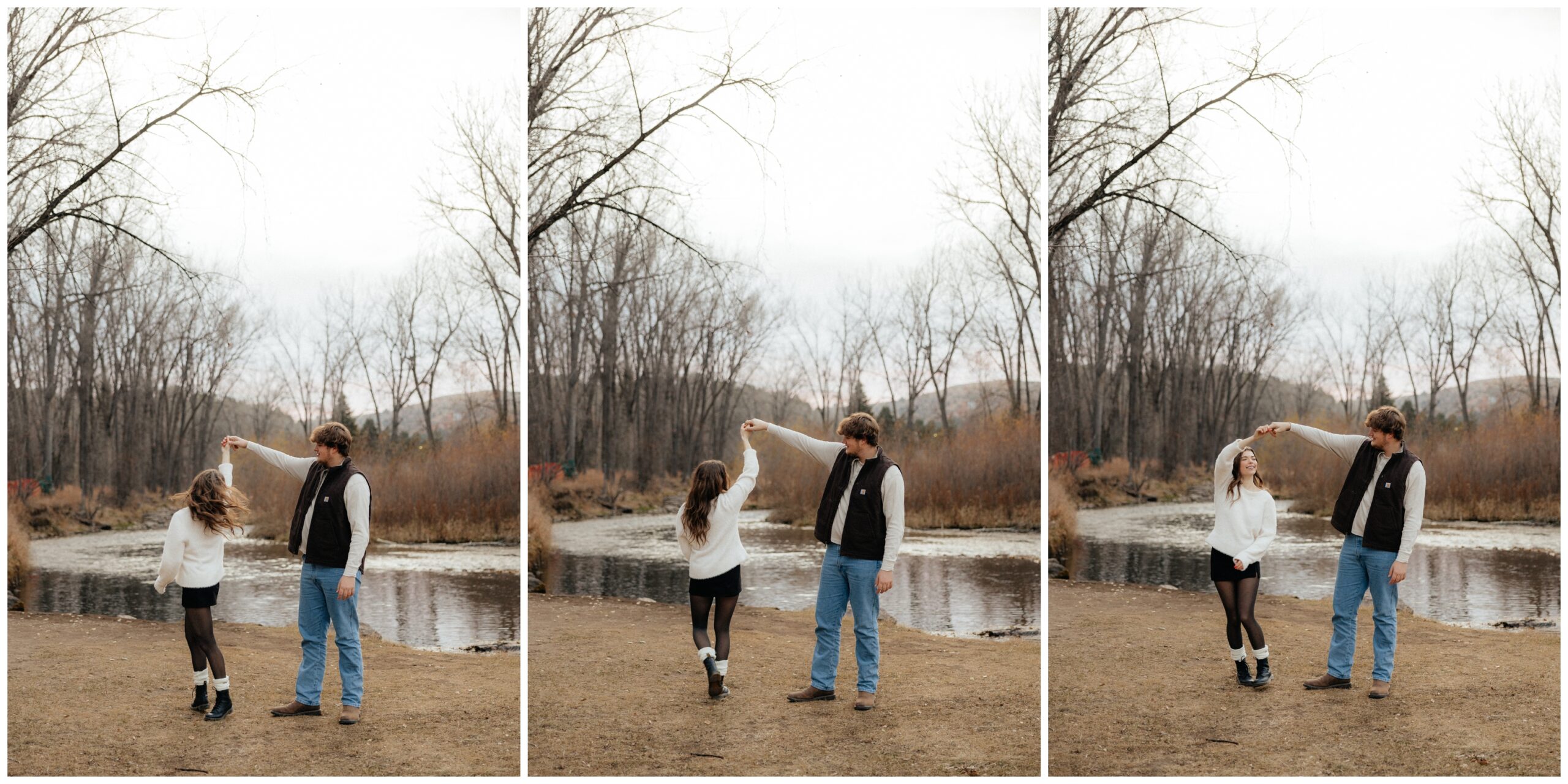 A man twirling a woman in front of a creek.