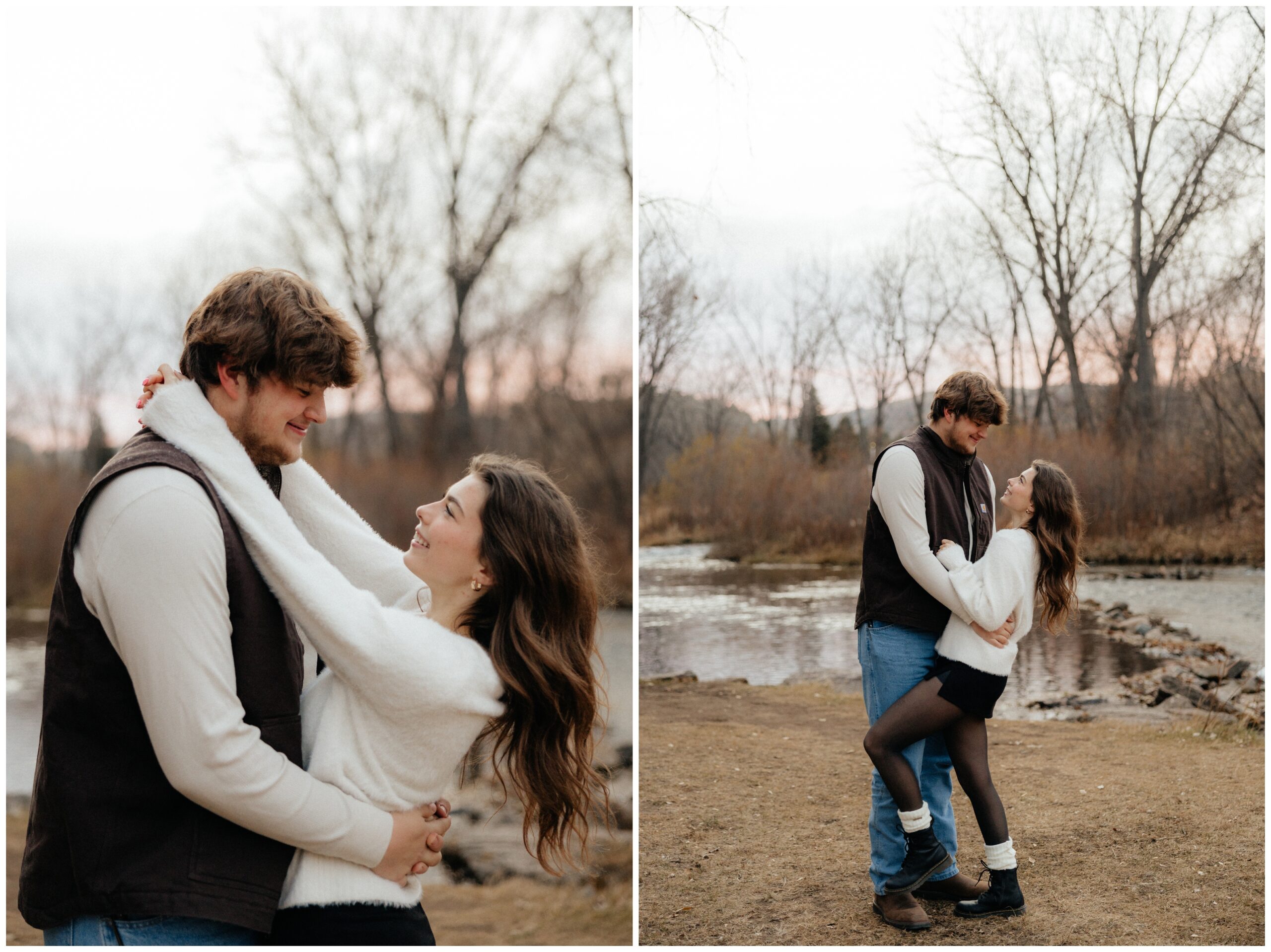 A woman wrapping her arms around her man's neck.