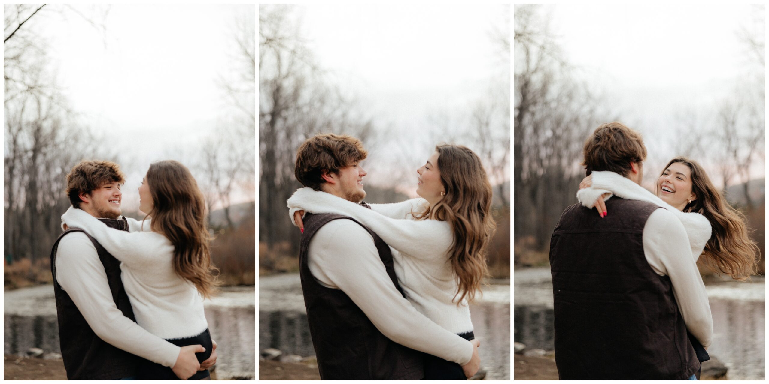 A man spinning a woman around in his arms.