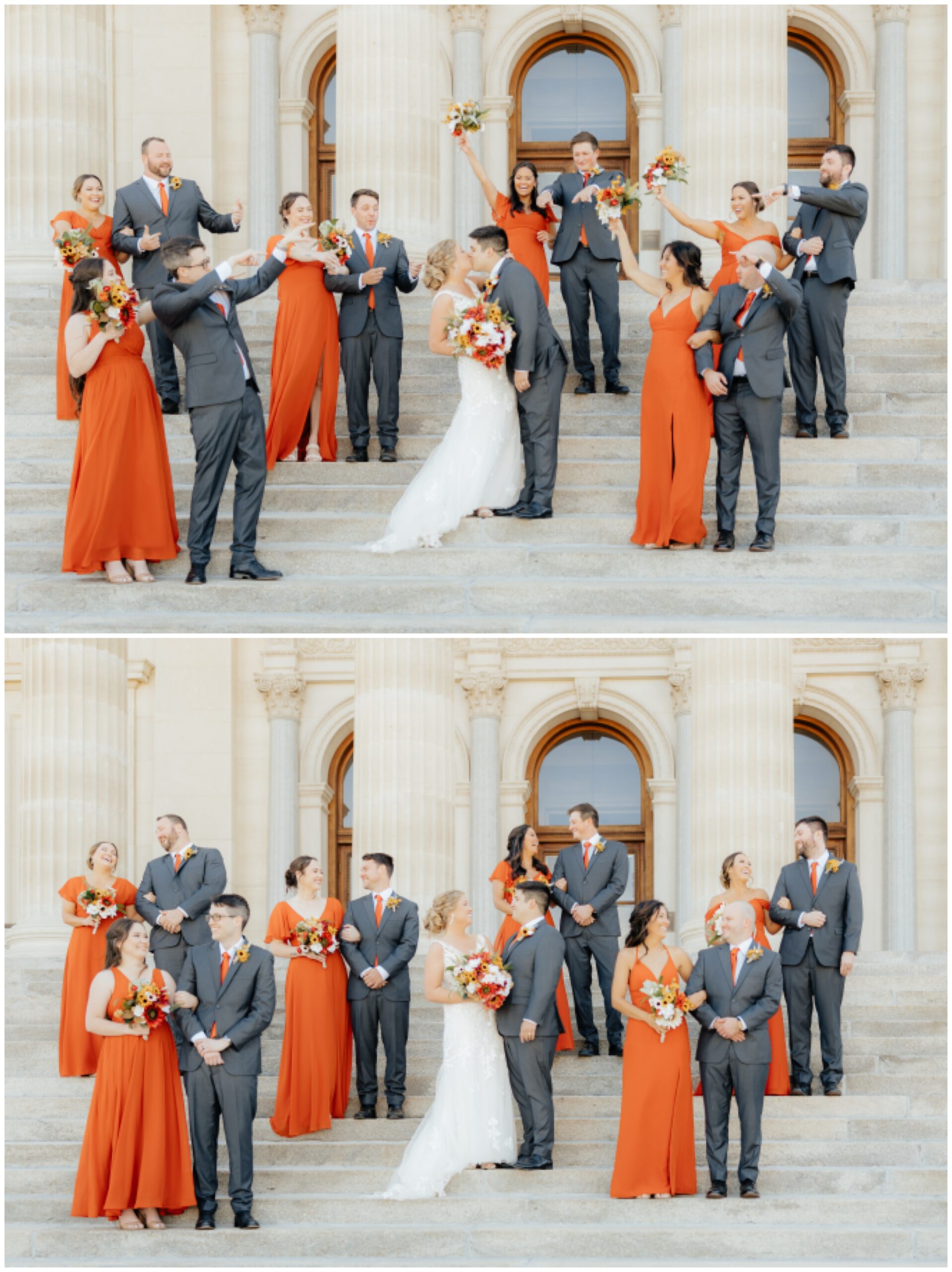 Bride and groom surrounded by bridesmaids and groomsmen on capital stairs.