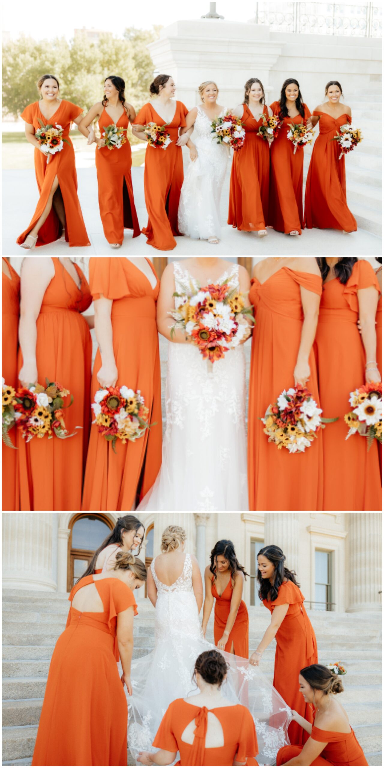 Bride with the bridesmaids in their orange dresses.