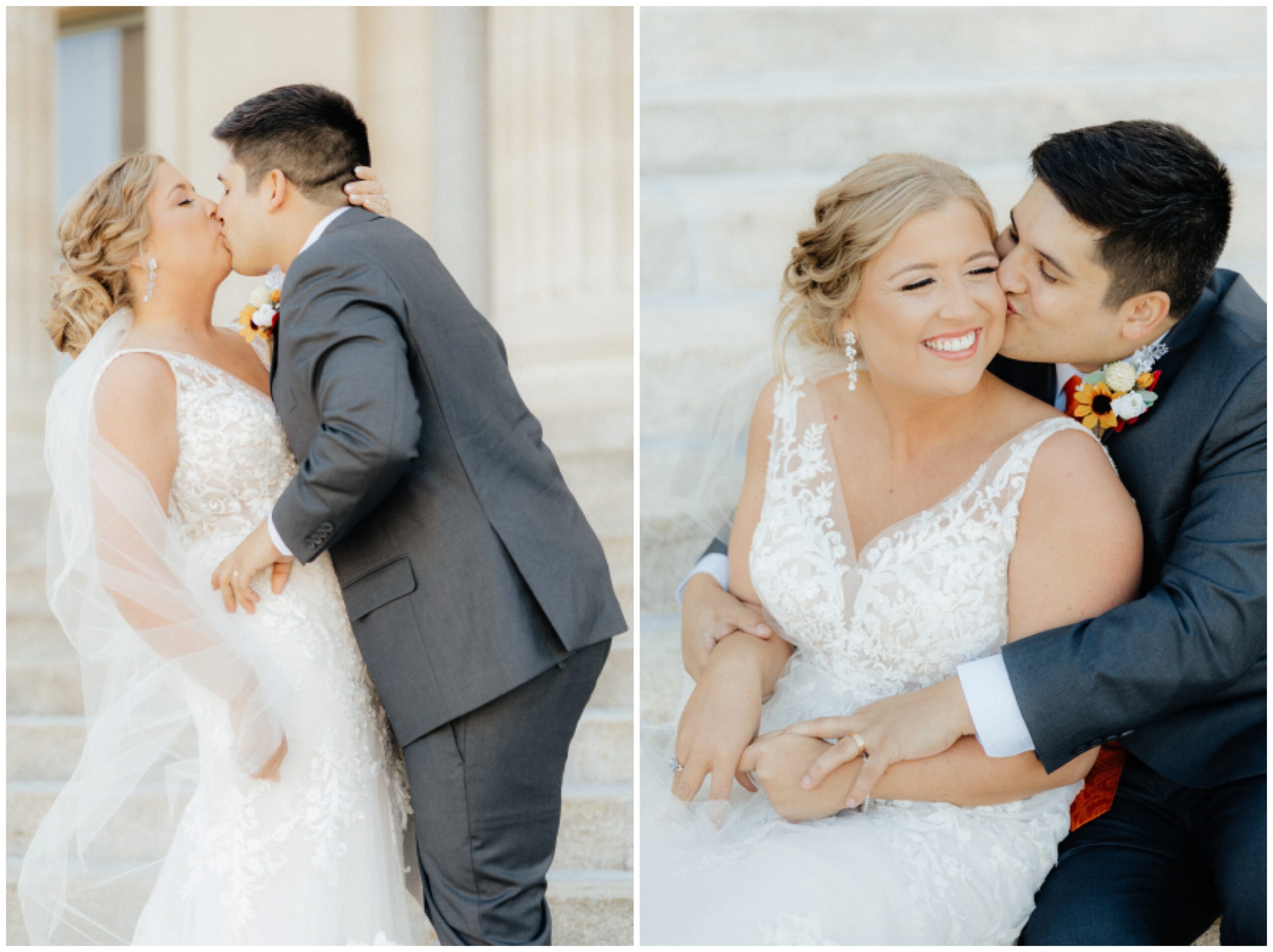 Bride and groom portraits on capital stairs.