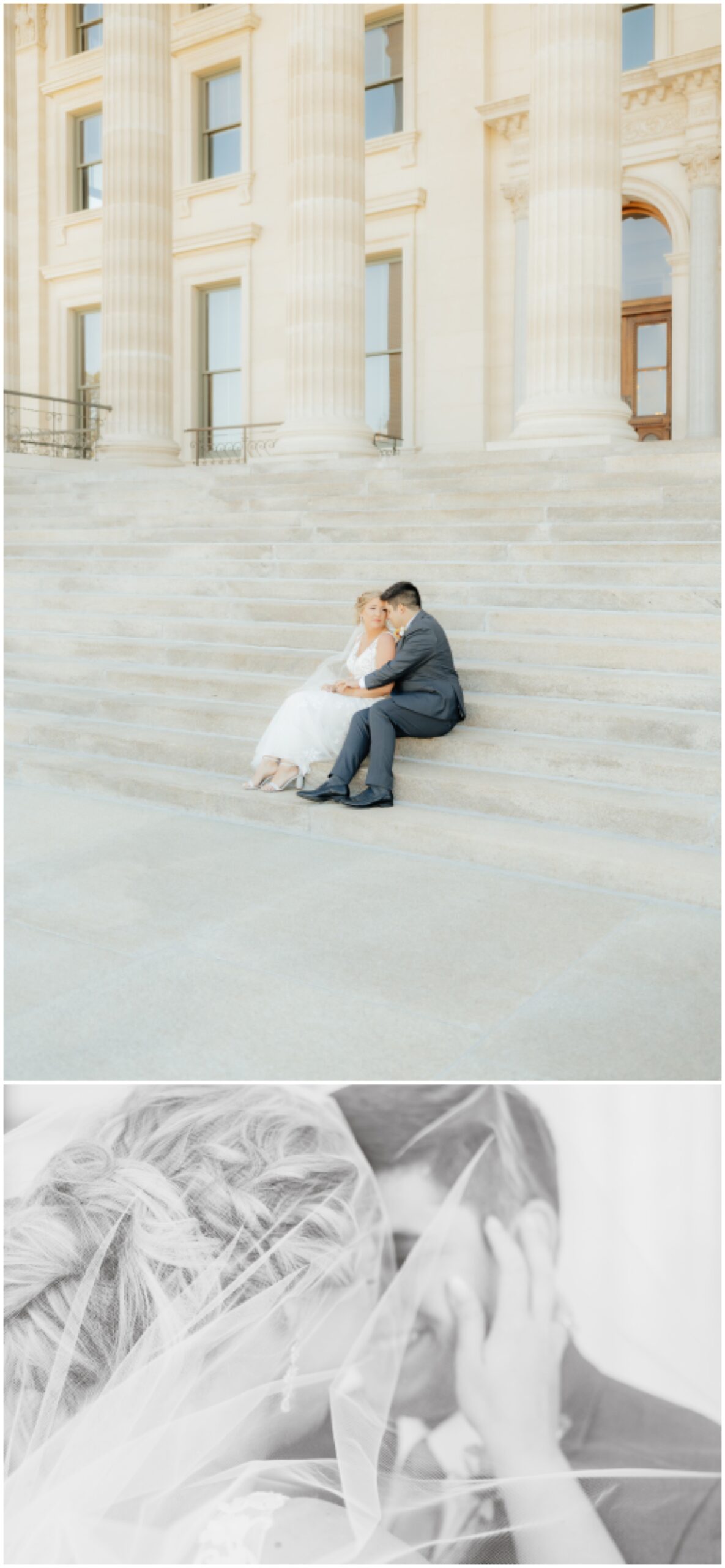 Bride and groom portrait on the state capital stairs.