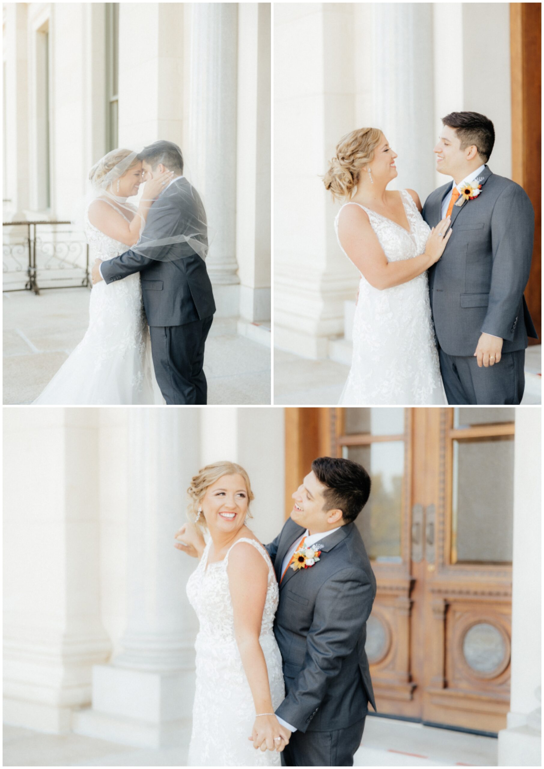 Bride and groom with pillars behind them.