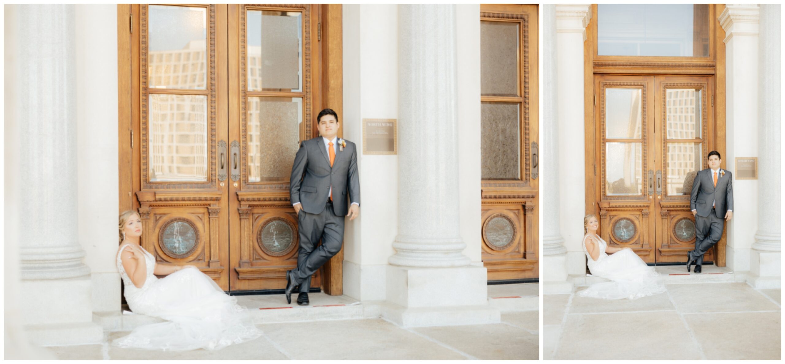 Bride and groom sitting in front of a detailed door.