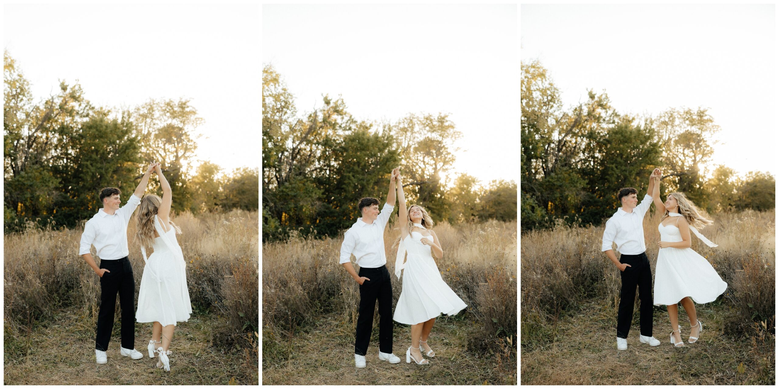 A couple dressed in snazzy clothes dancing in a golden field.