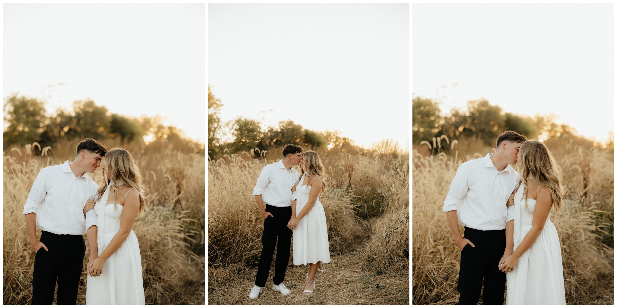 A couple kissing in a field dressed in classy vintage clothes.