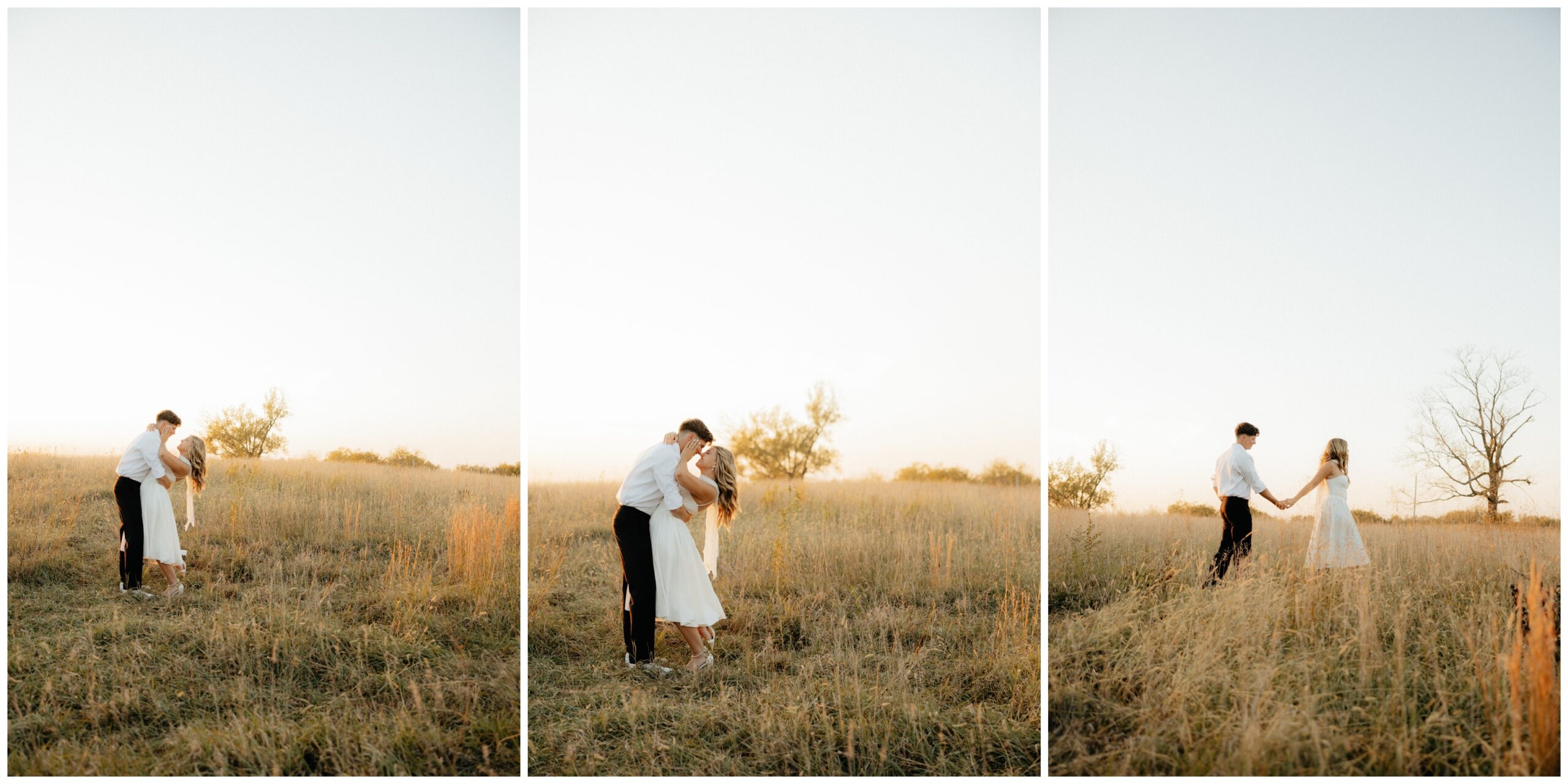 A couple walking and dancing in a field.