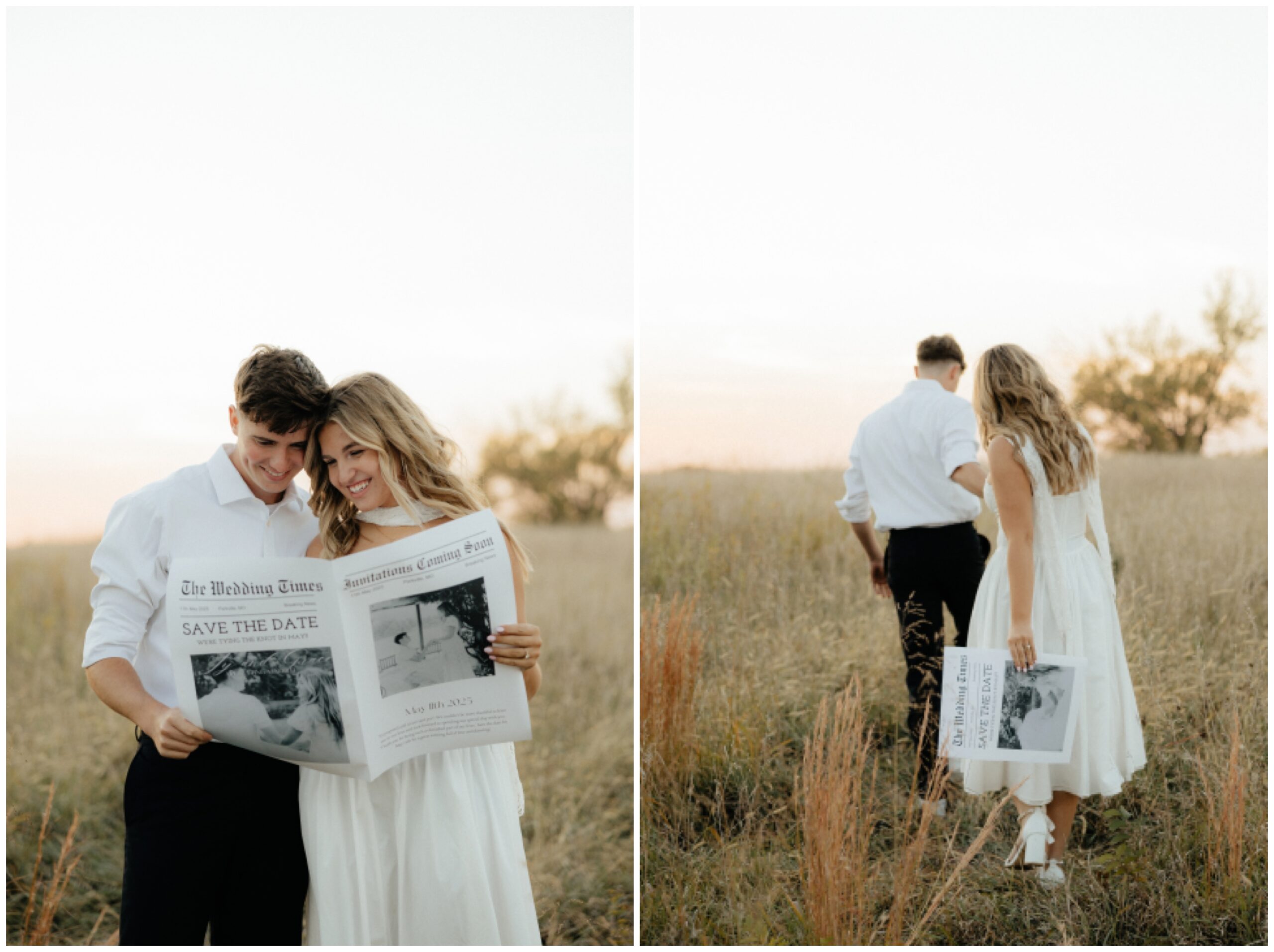 A couple with a newspaper telling guests to save the date.