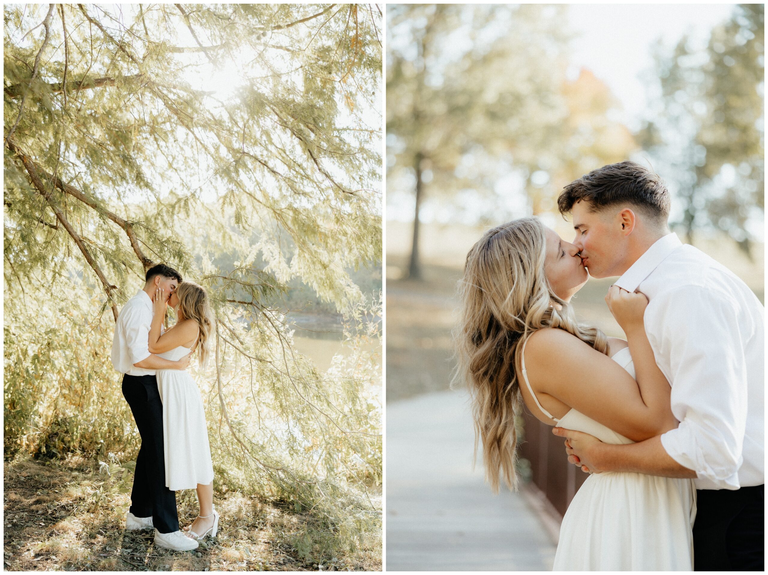 A couple kissing under a tree.