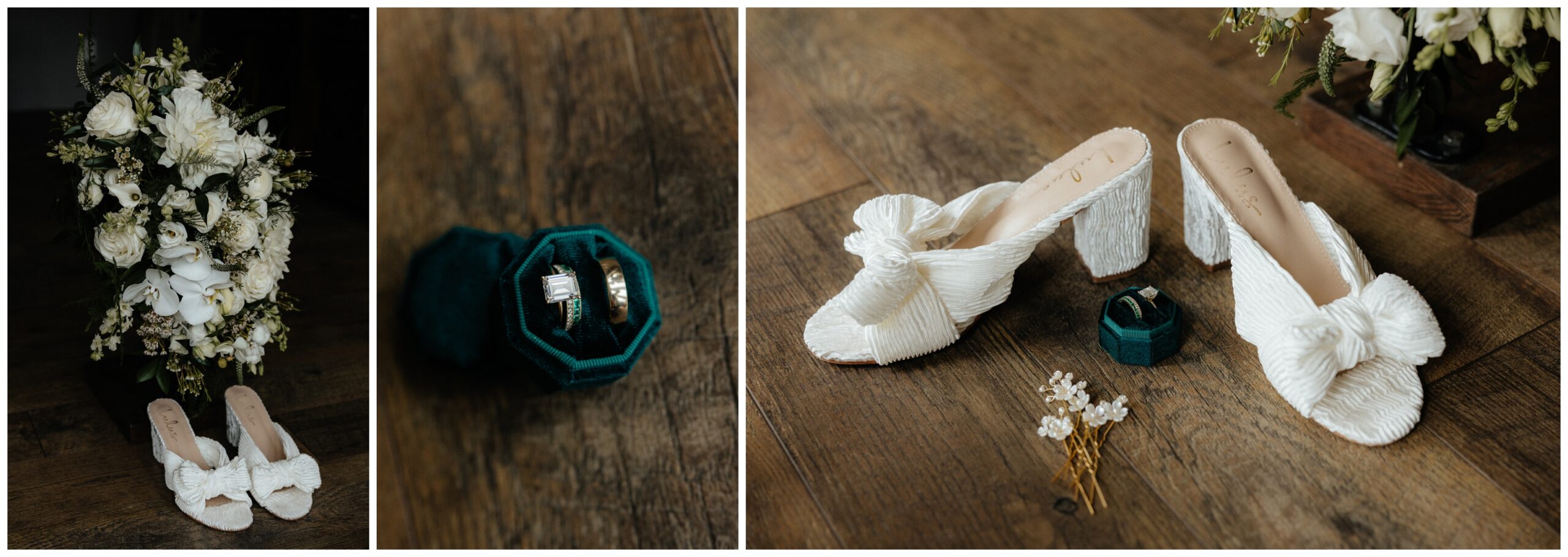 The bride's rings, heels, and hair pins.