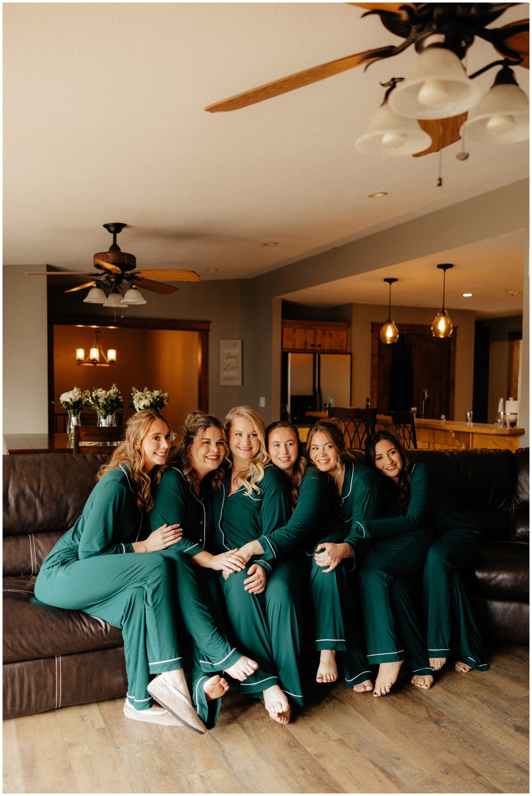 The bride and bridesmaids in their pajamas.