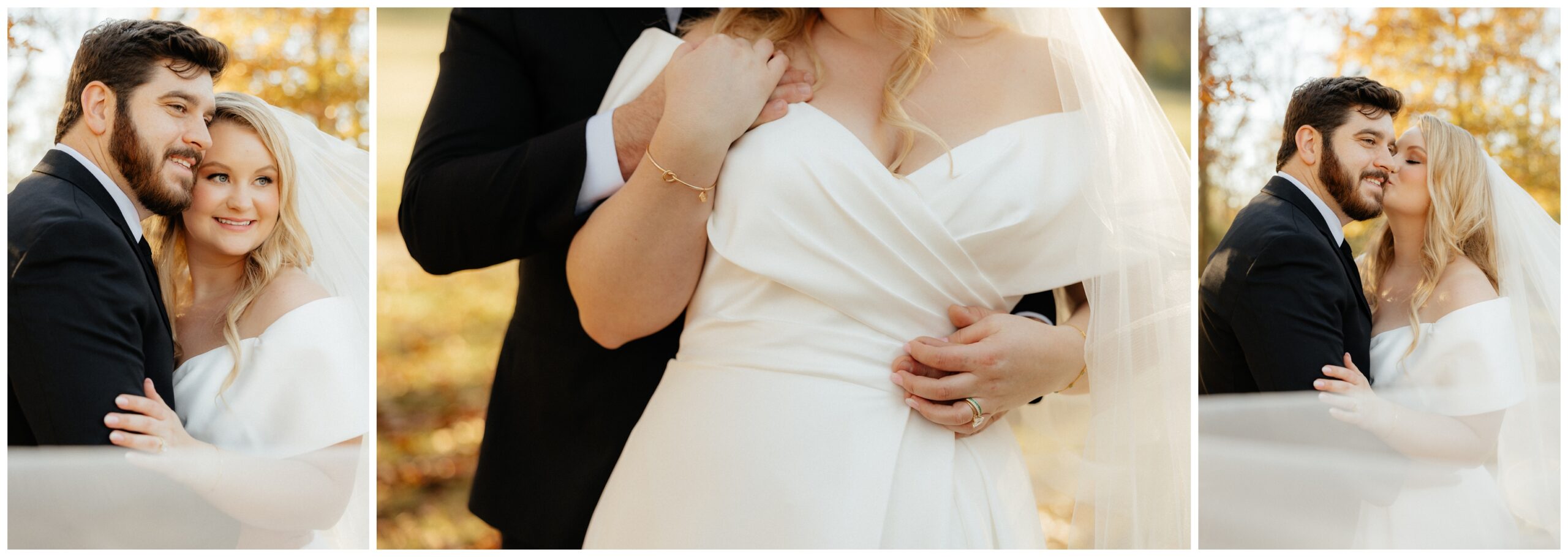 The bride and groom kissing each other during golden hour.