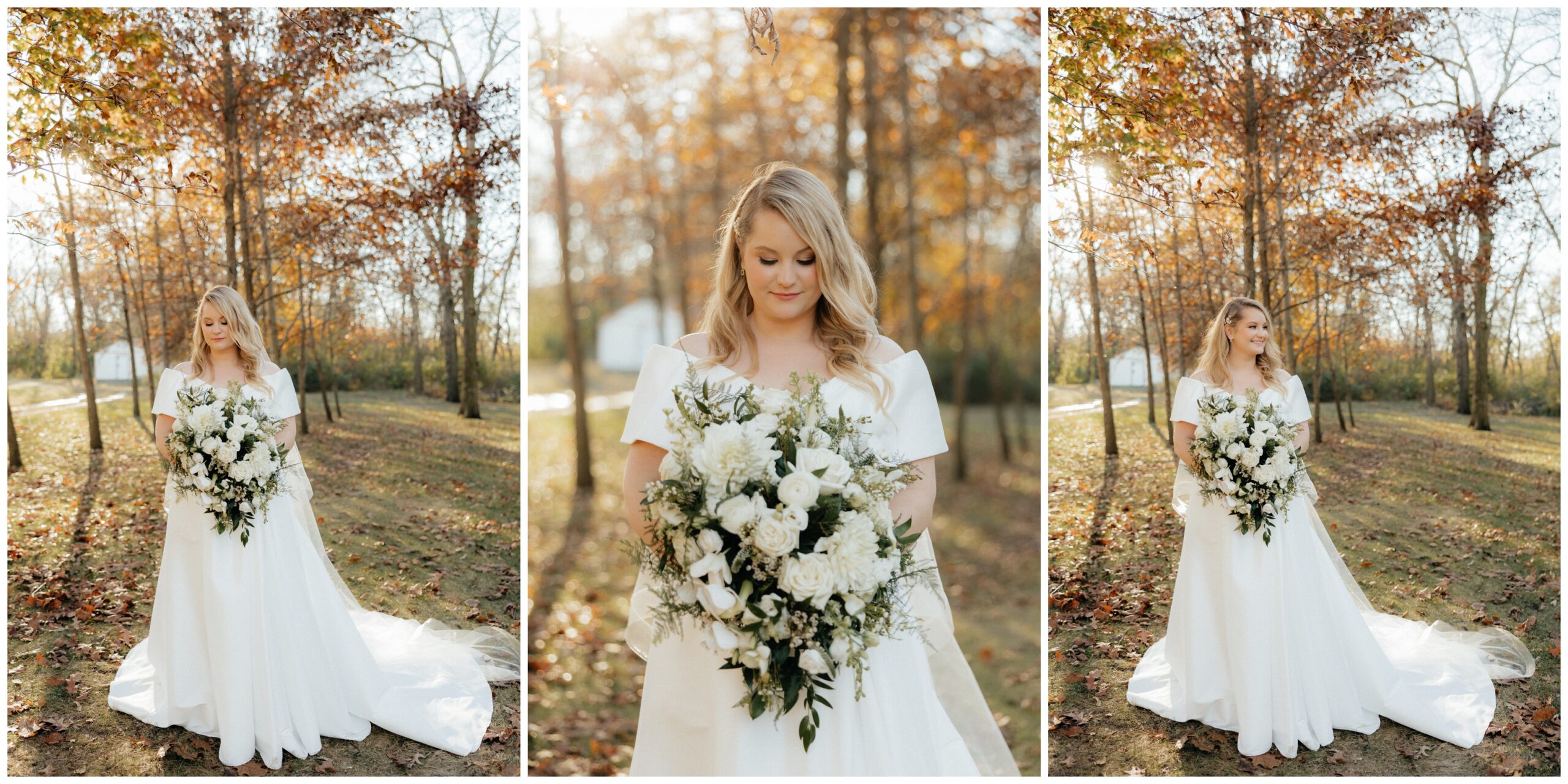 The bride in her classy white off the shoulder dress holding her white bouquet.