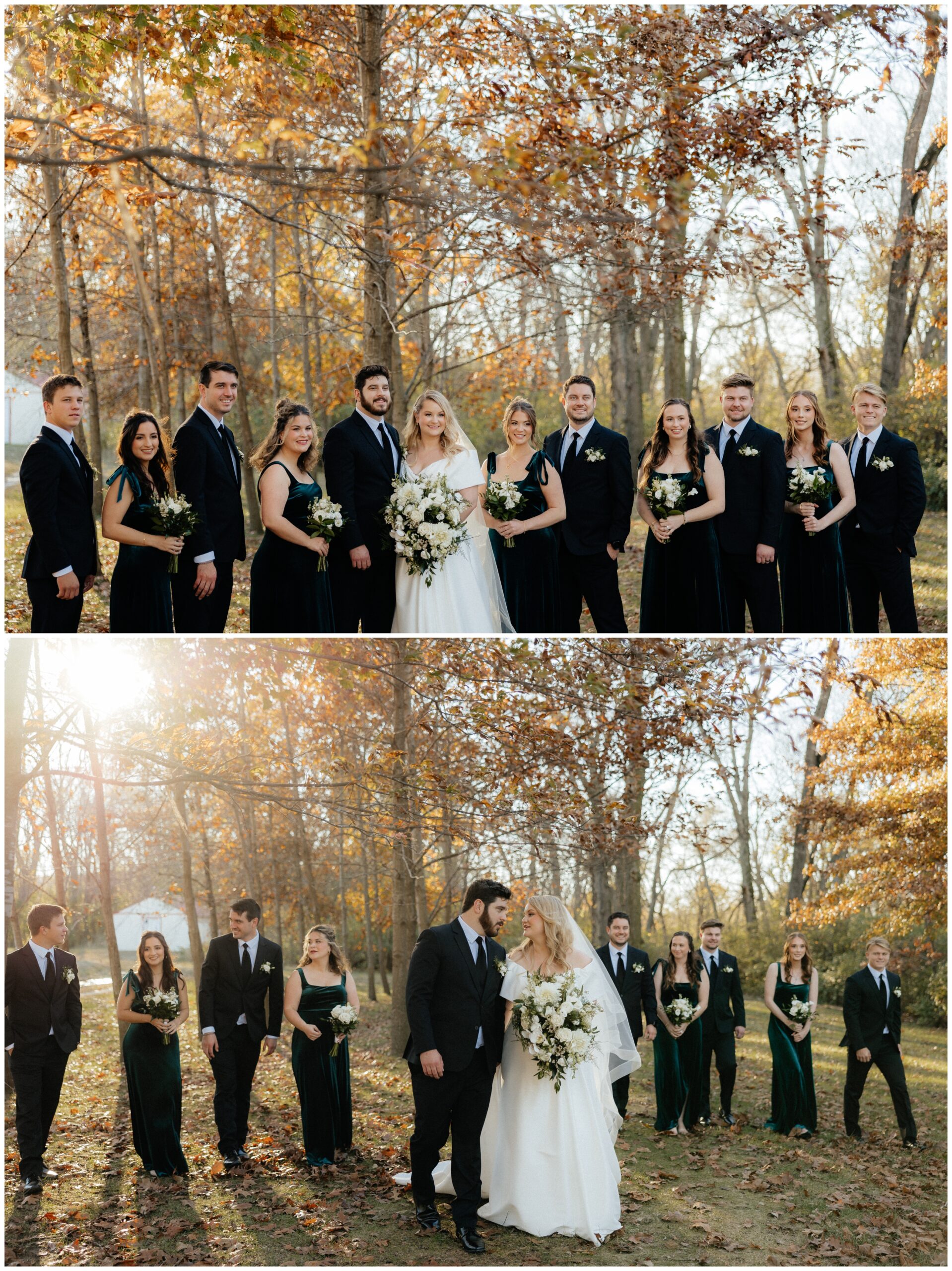 The bridal party in black and white suits and emerald green bridesmaids dresses.