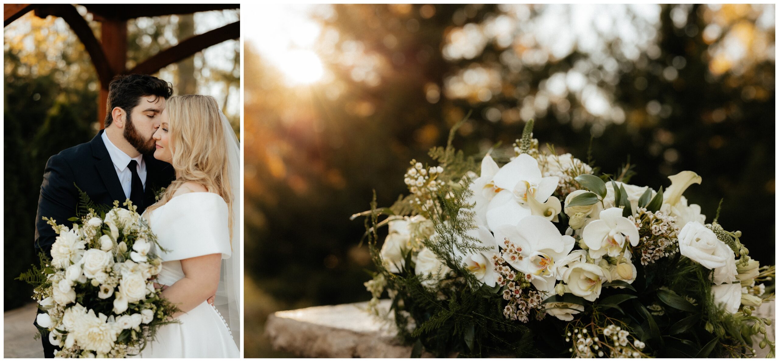 The bride's bouquet with lilies, orchids, and baby's breath.