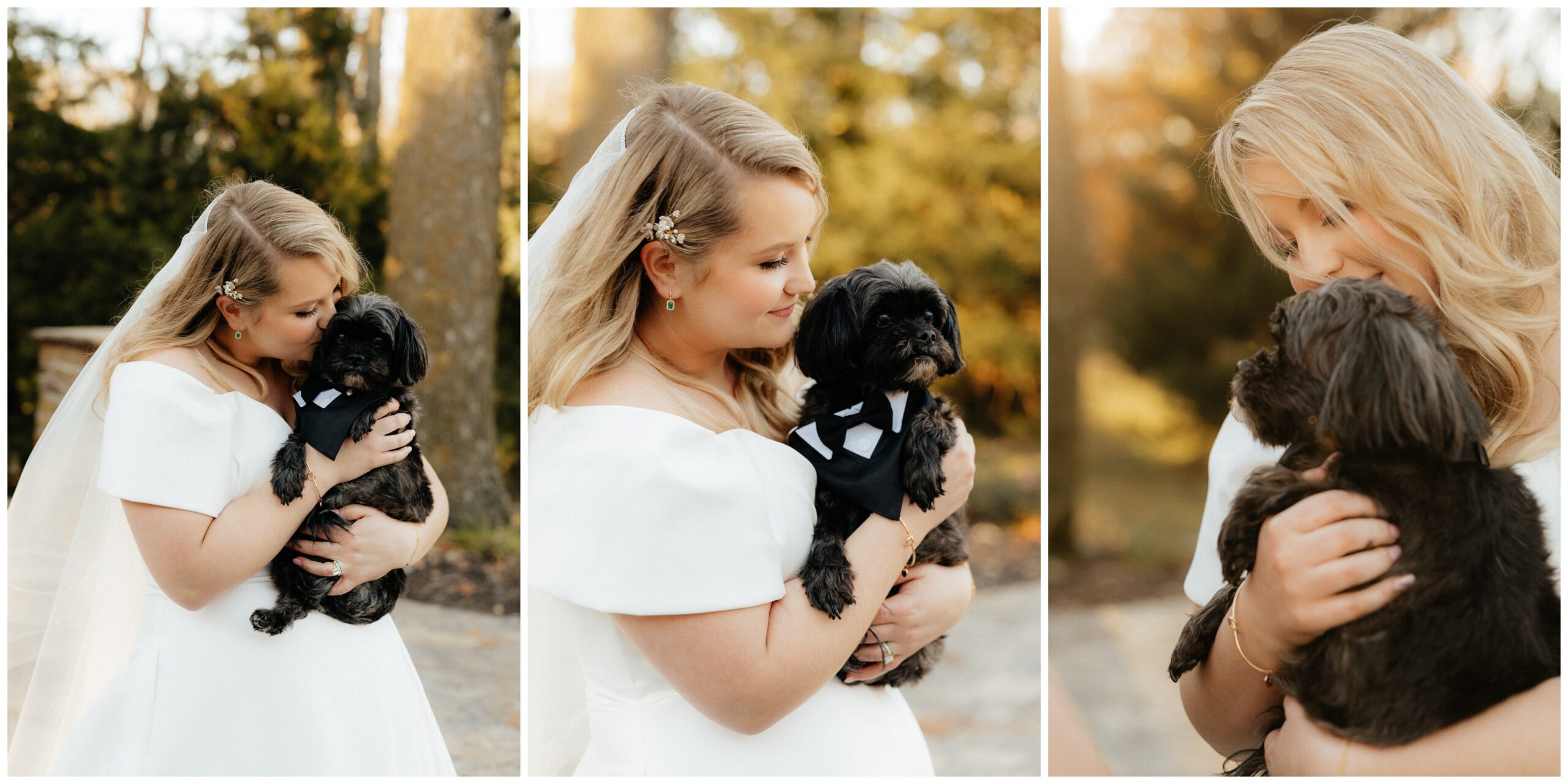 The bride with her 16 year old dog in a little tuxedo.