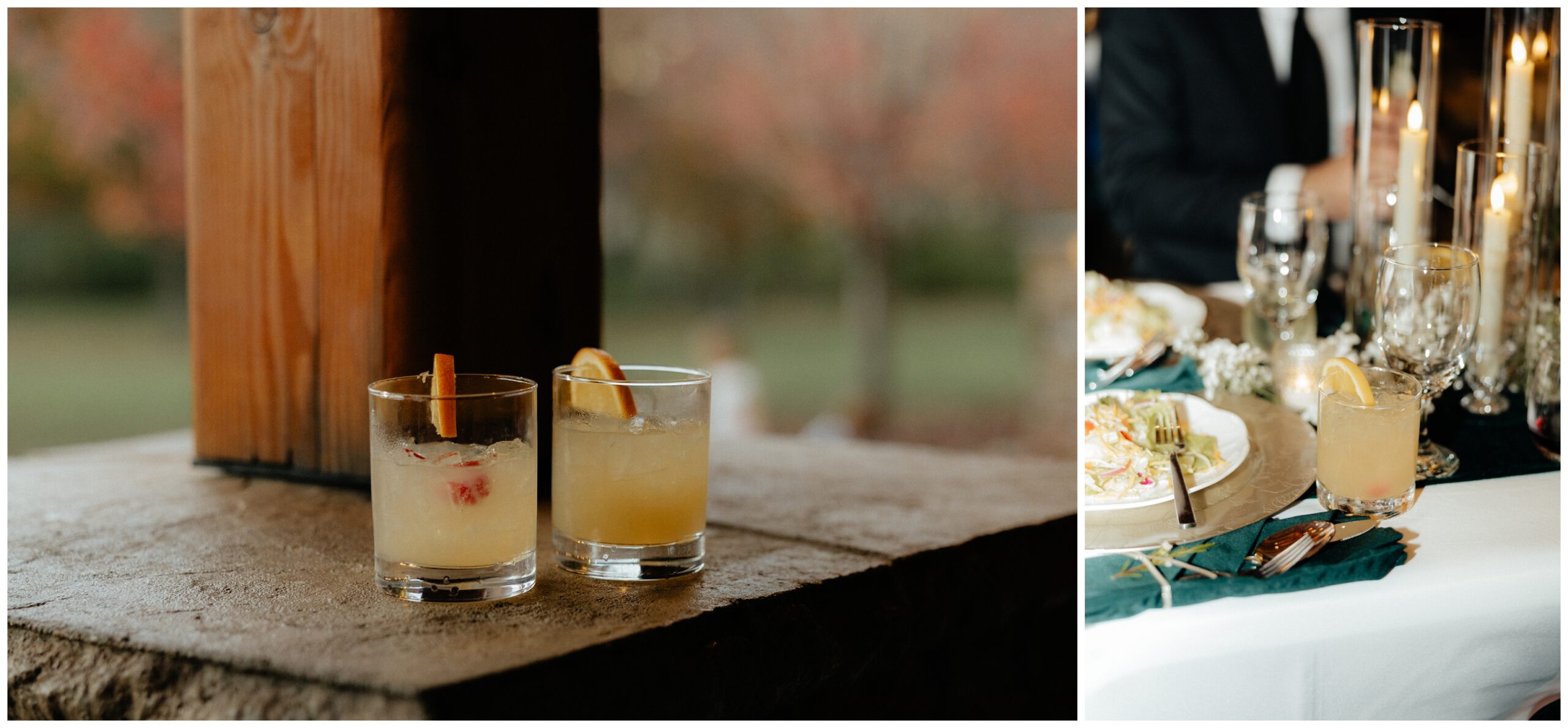 Wedding cocktails sitting on a ledge.