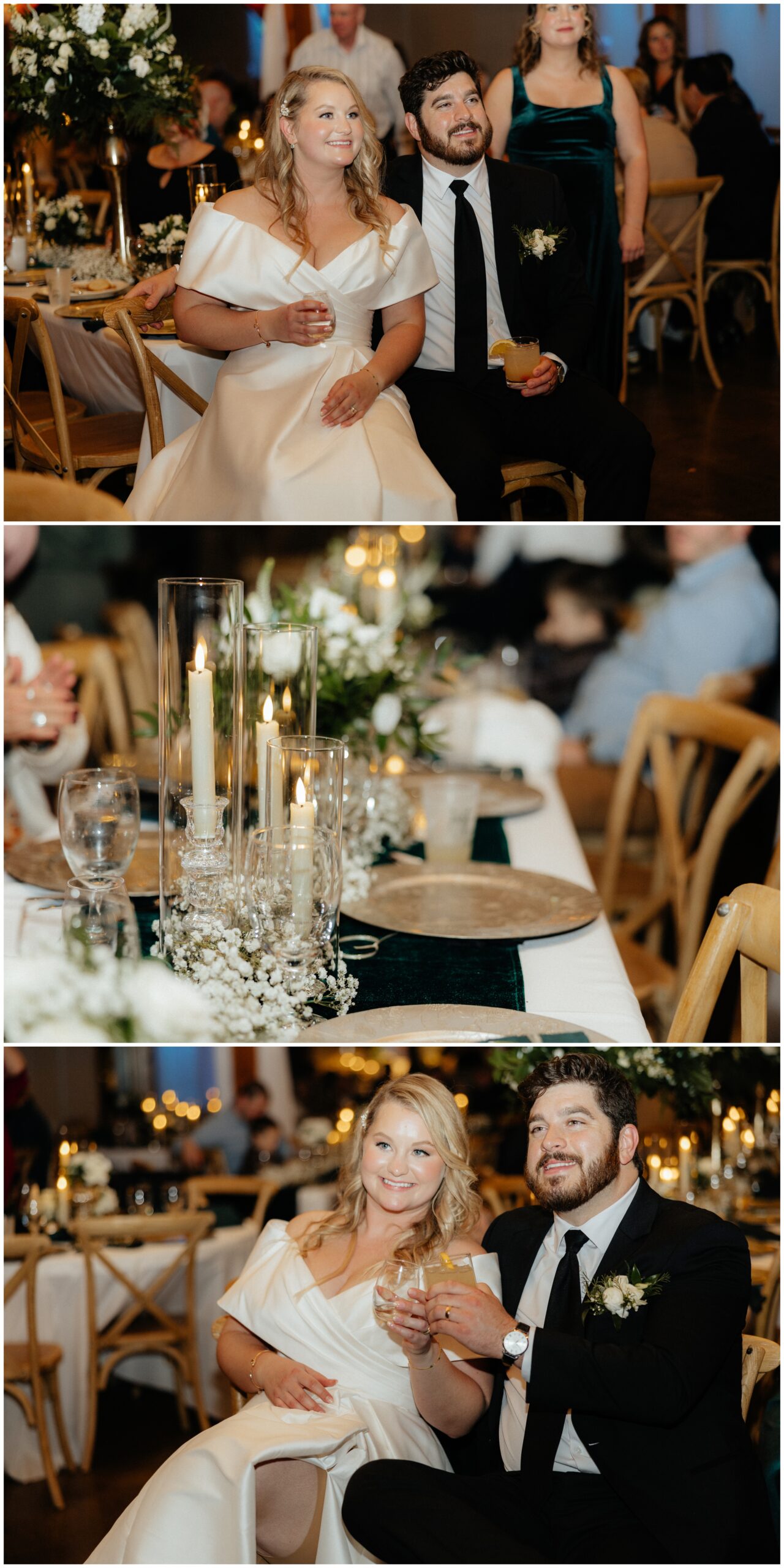 A couple watching toasts during a wedding reception.