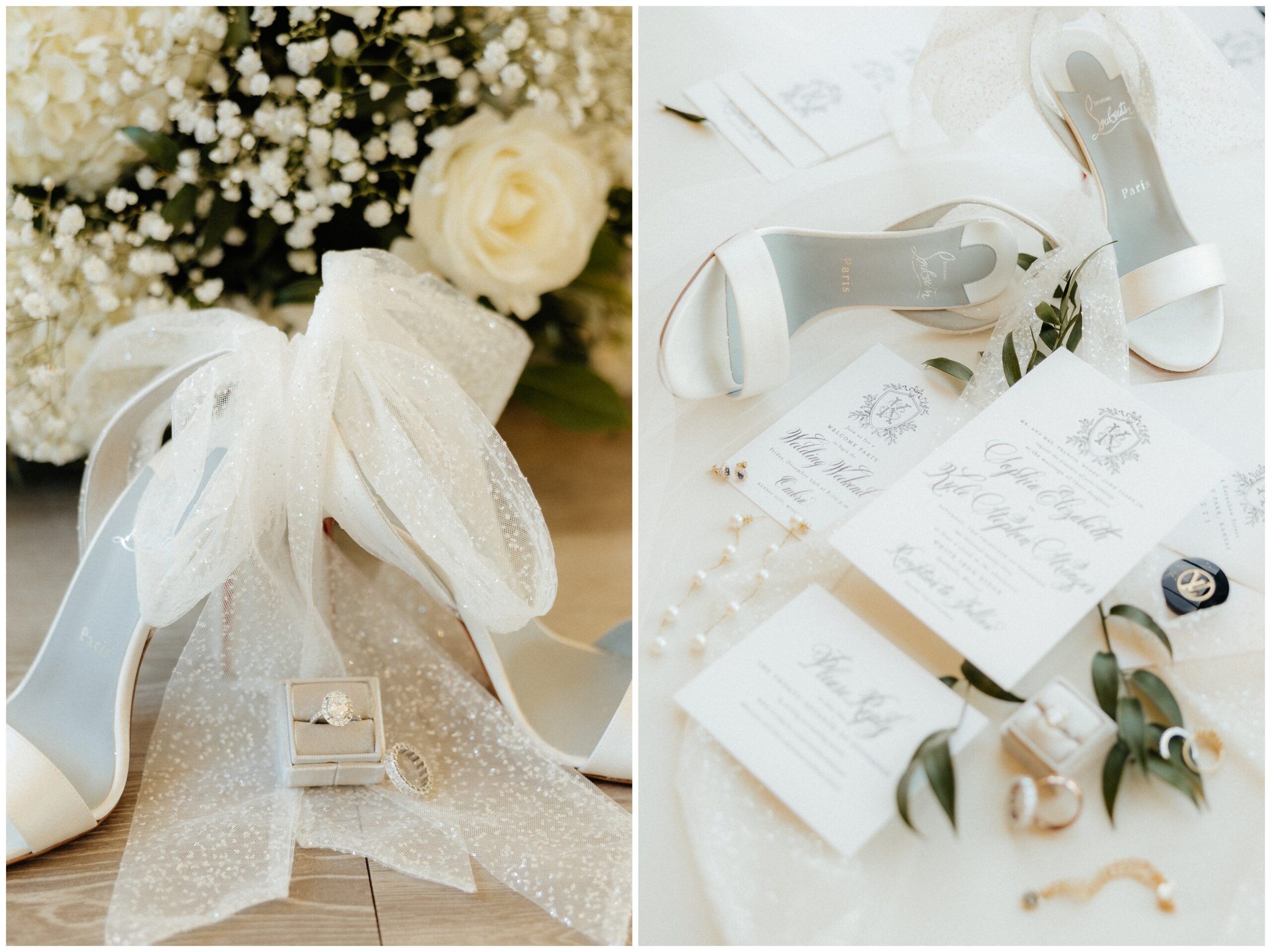 The bride's Louboutin Shoes and wedding ring.