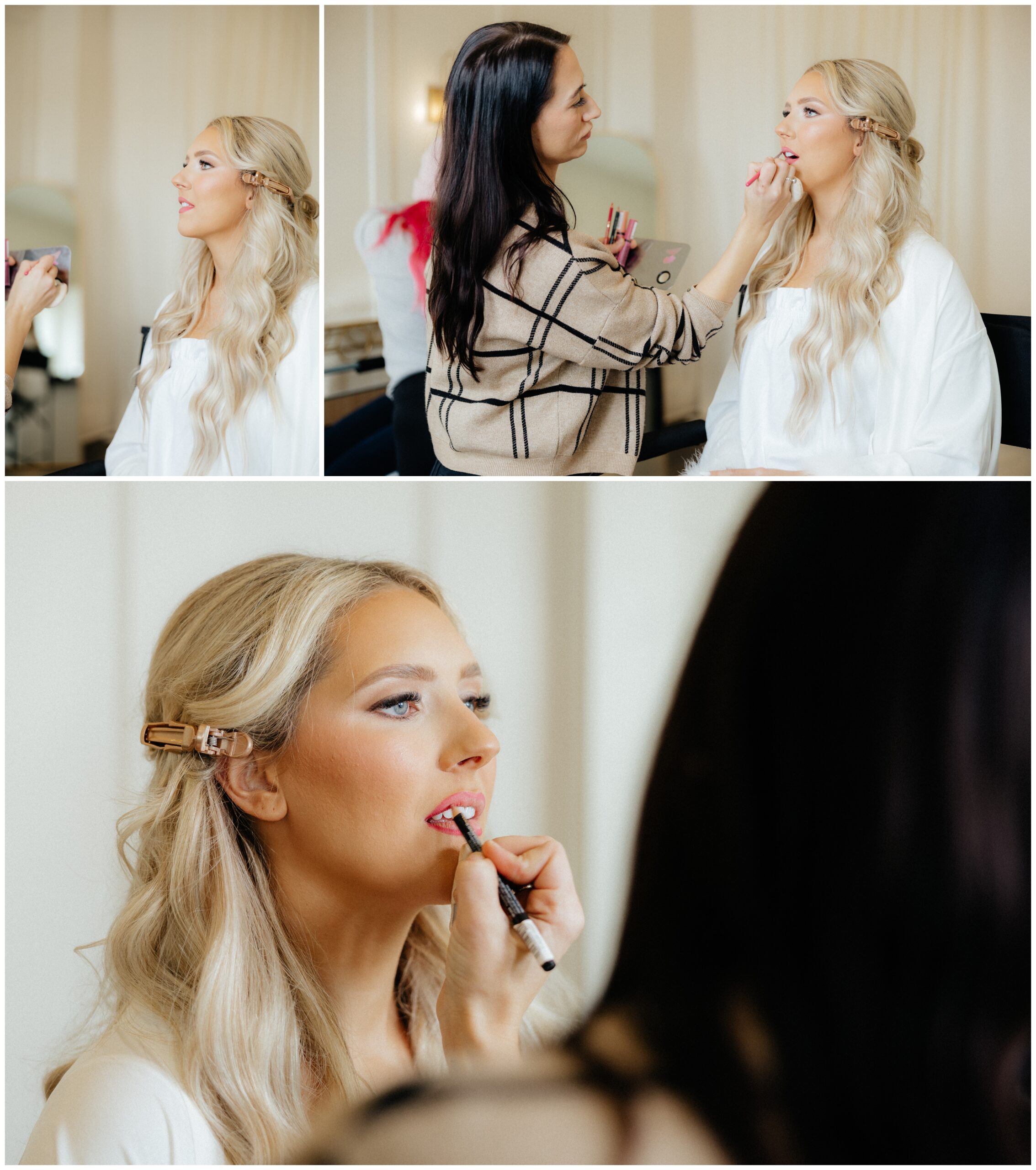 The bride getting her makeup done in the bridal suite.