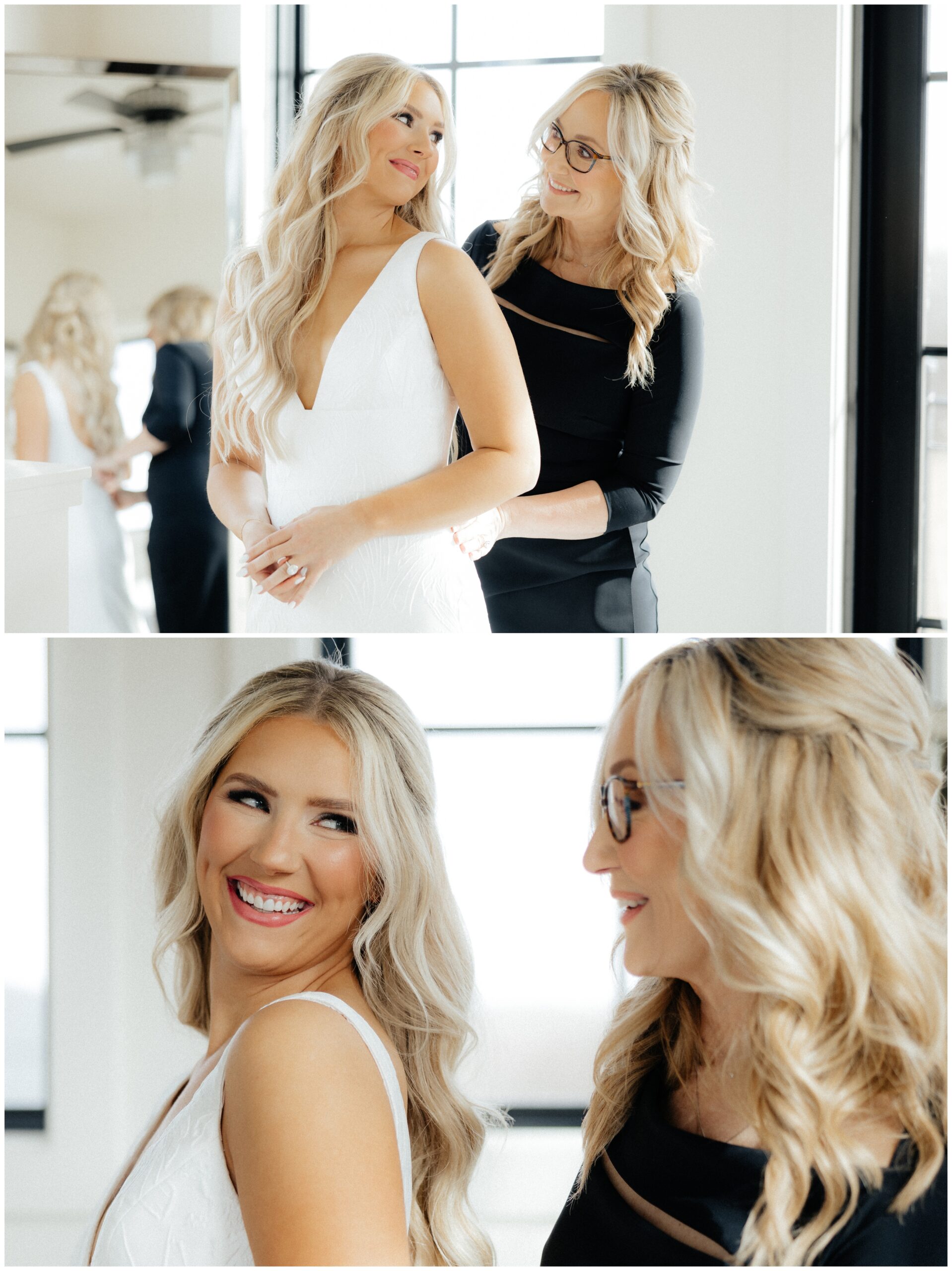 The mother of the bride helping the bride into her wedding gown in the bridal suite.