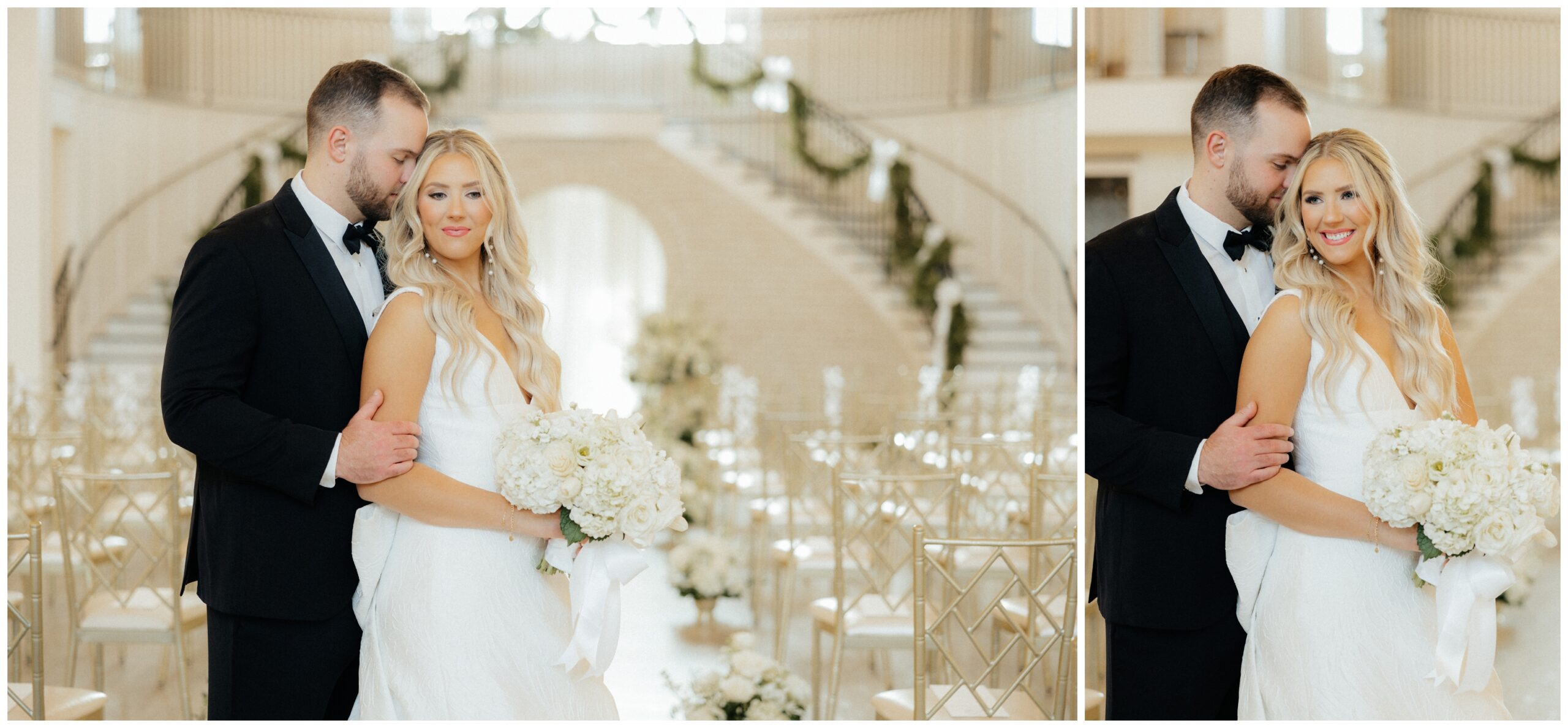 Bride and groom portraits in front of the ceremony space.