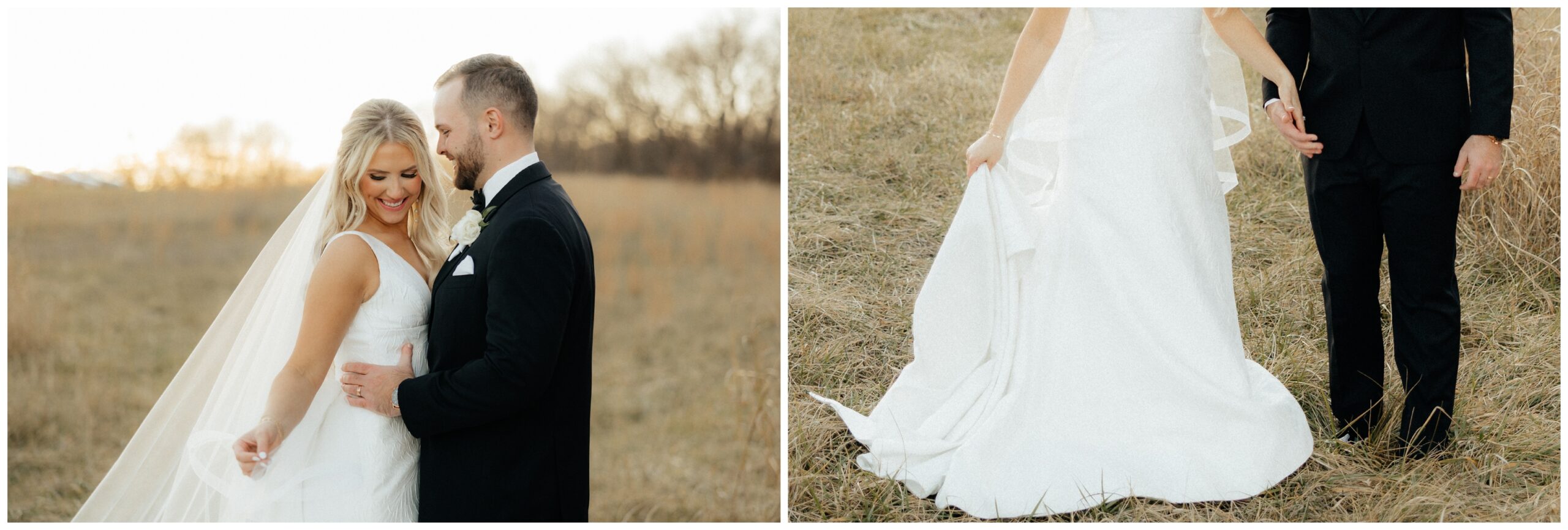 The bride and groom in a field.