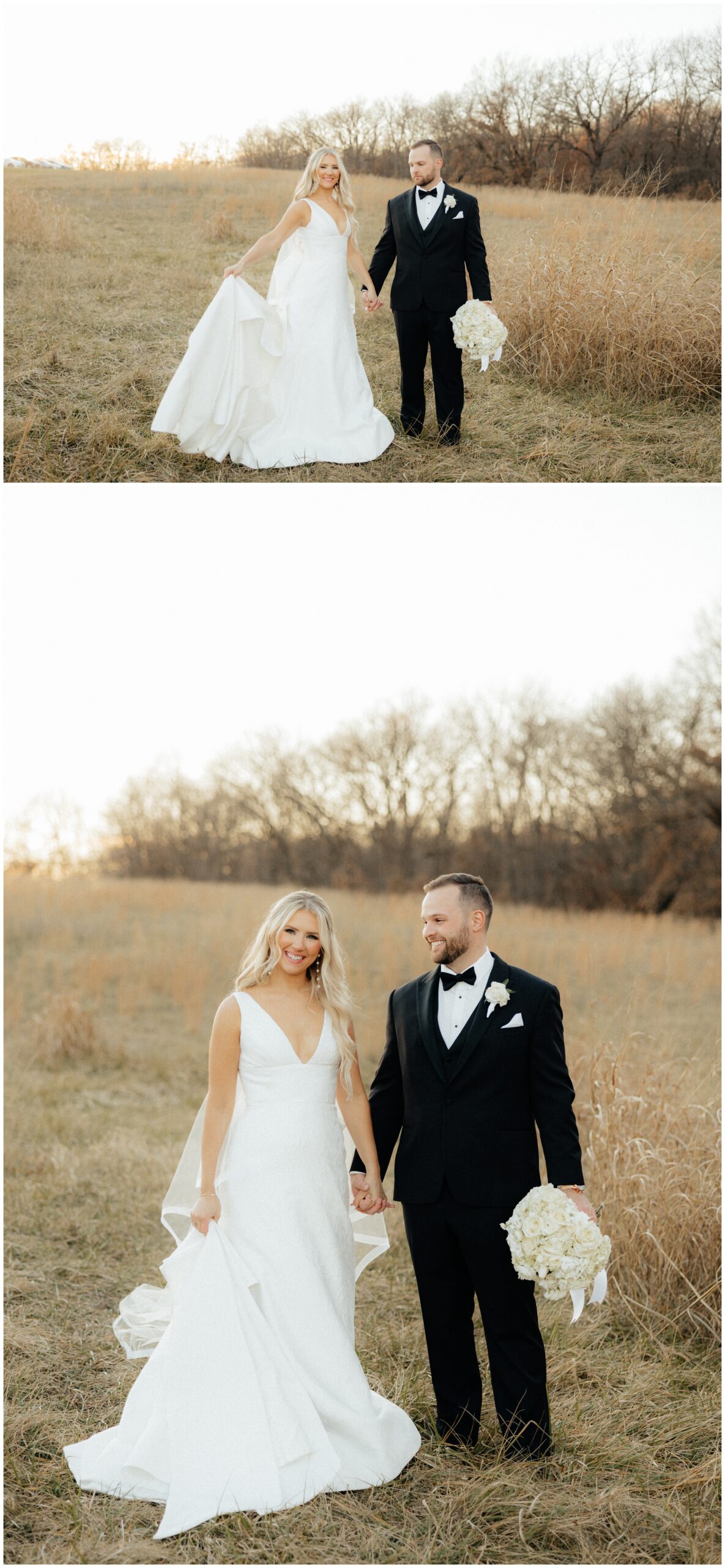 The bride and groom in a field during portraits.