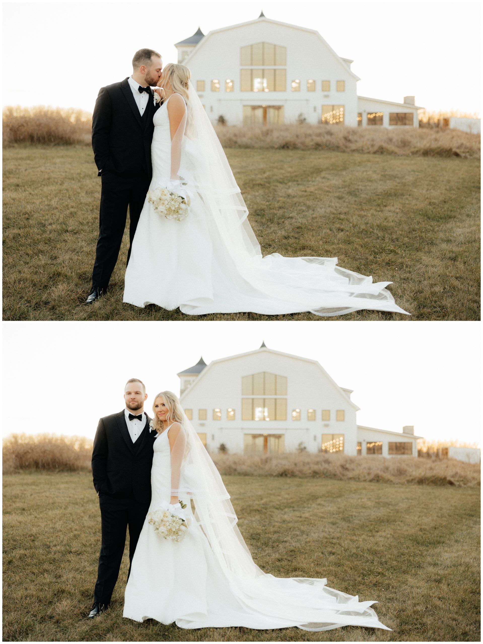 The bride and groom kissing in front of white iron ridge wedding venue.