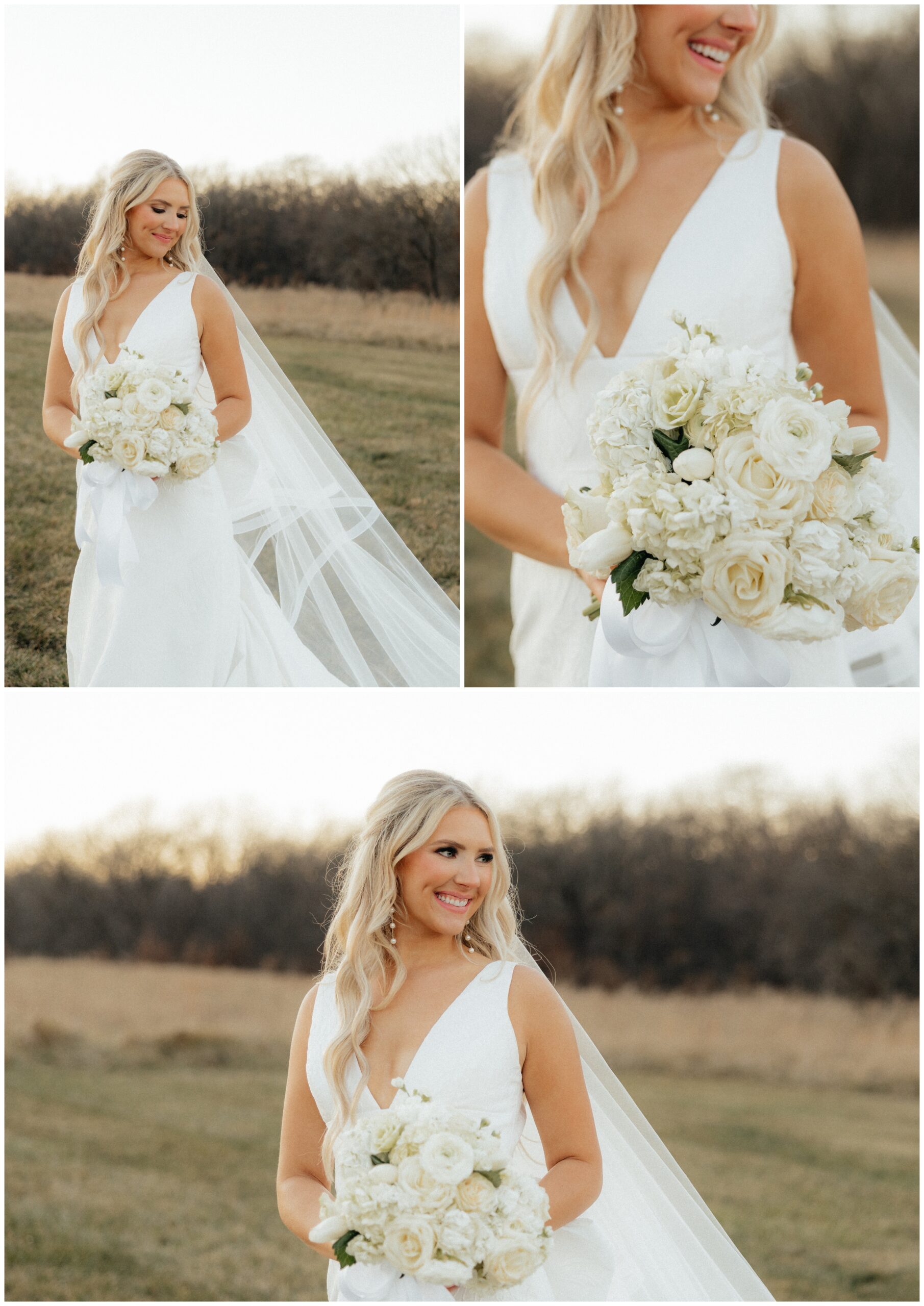 Bride portraits in a field during golden hour.