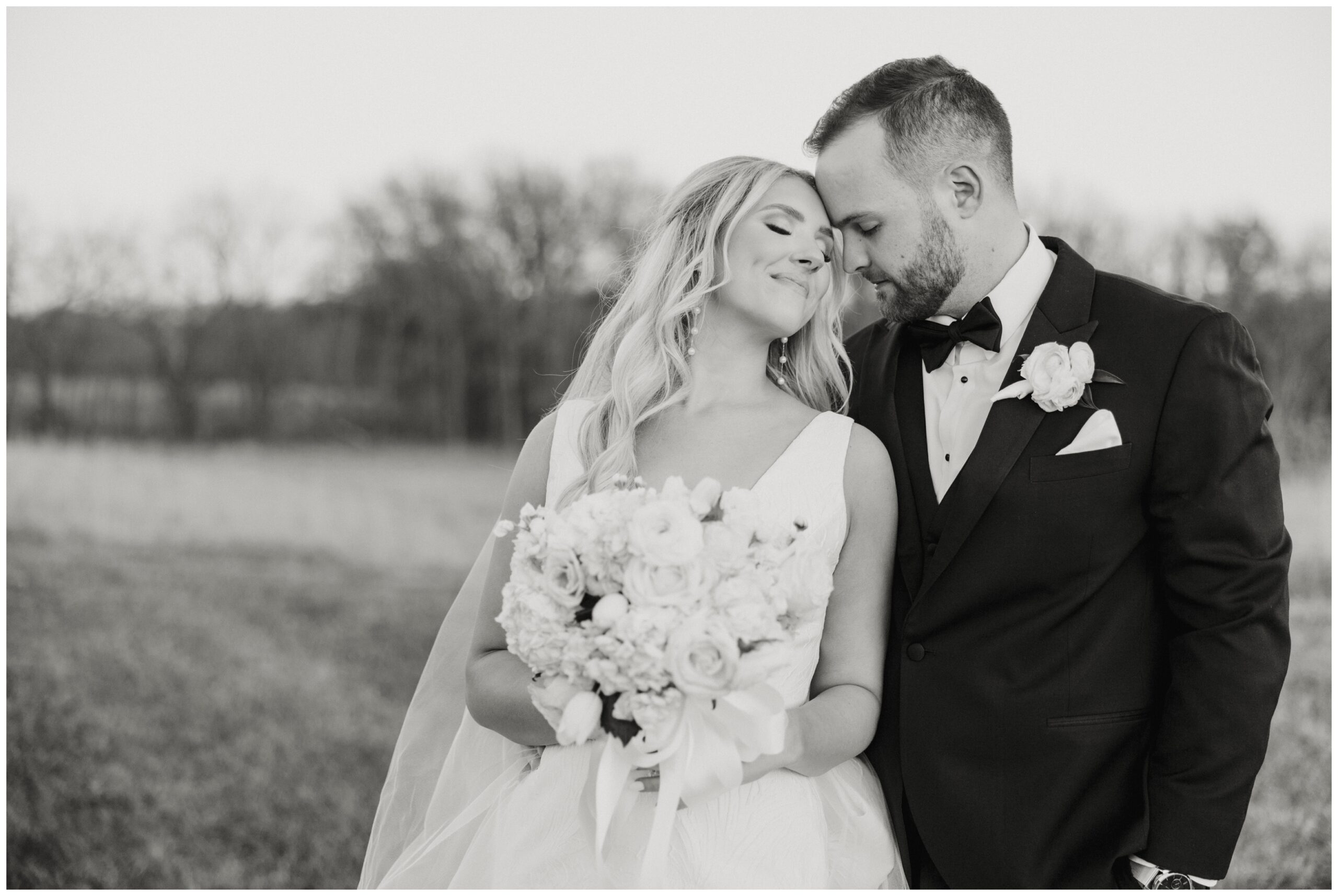 Black and White portrait of the bride and groom during golden hour.