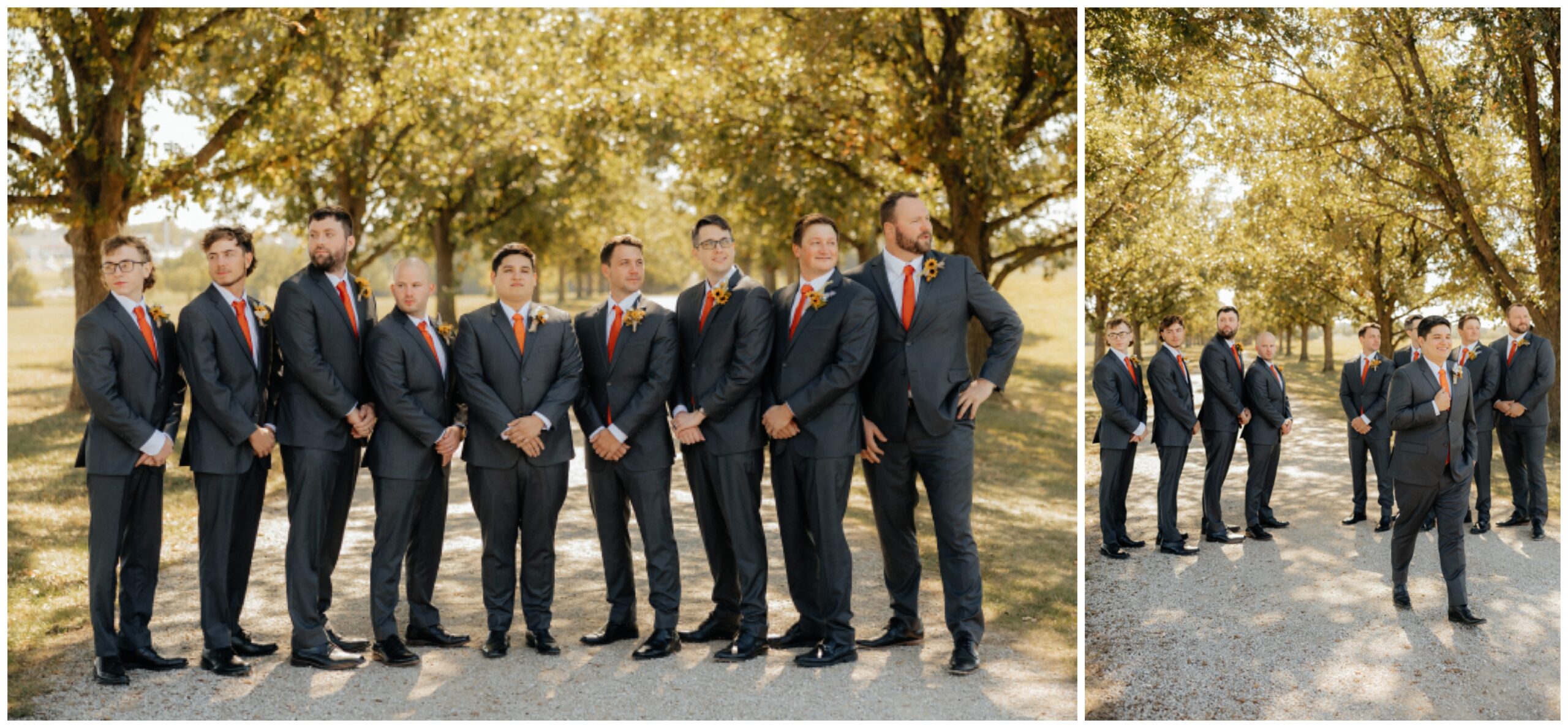 Groom and groomsmen on gravel trail with trees lined up behind them.