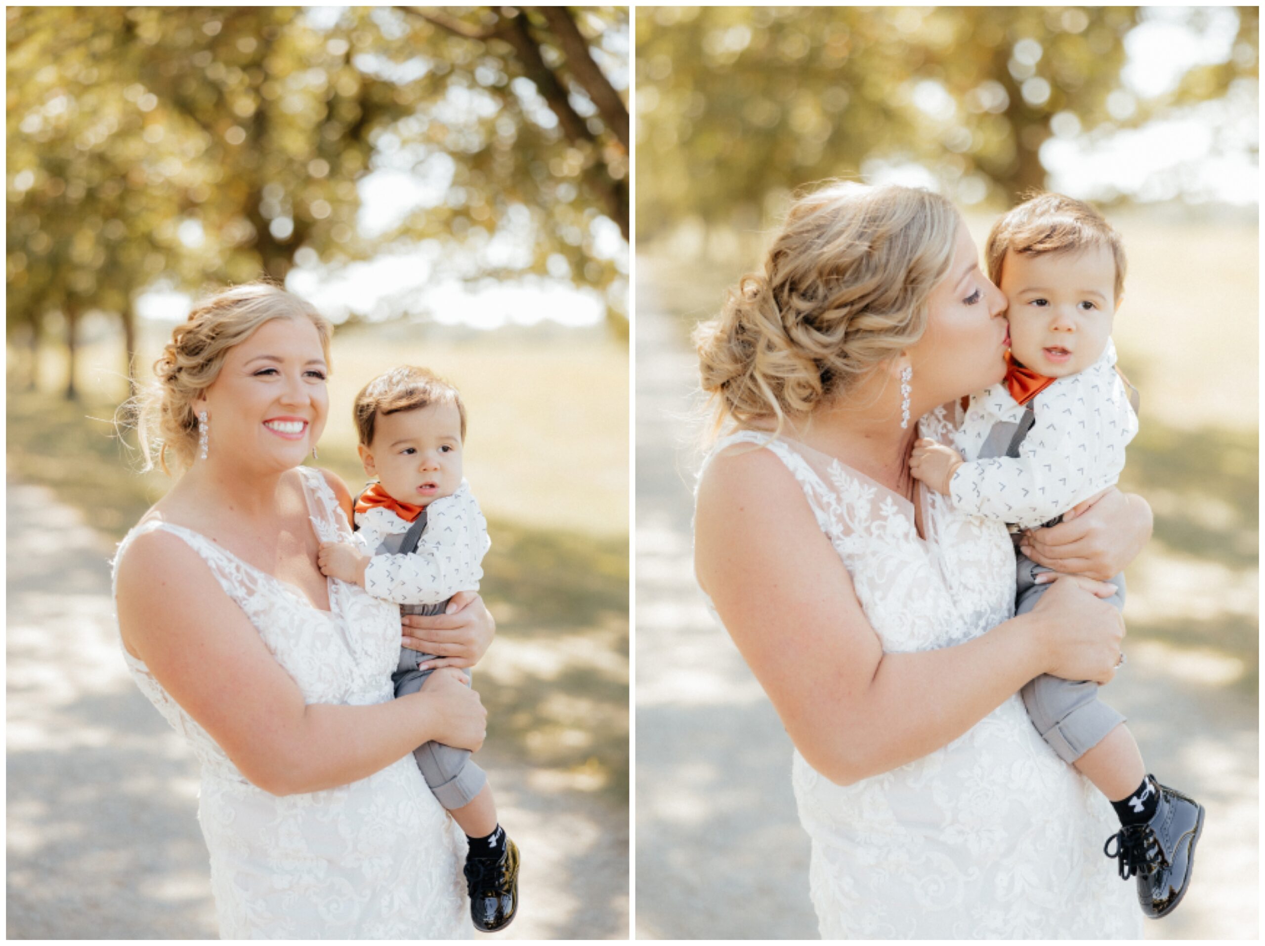 Bride with her son who's wearing a bowtie.