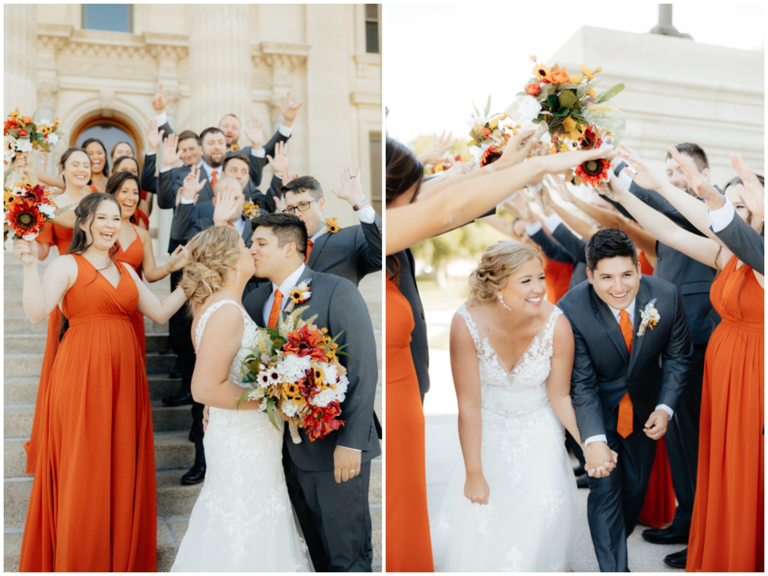 Bride and groom surrounded by bridesmaids and groomsmen.