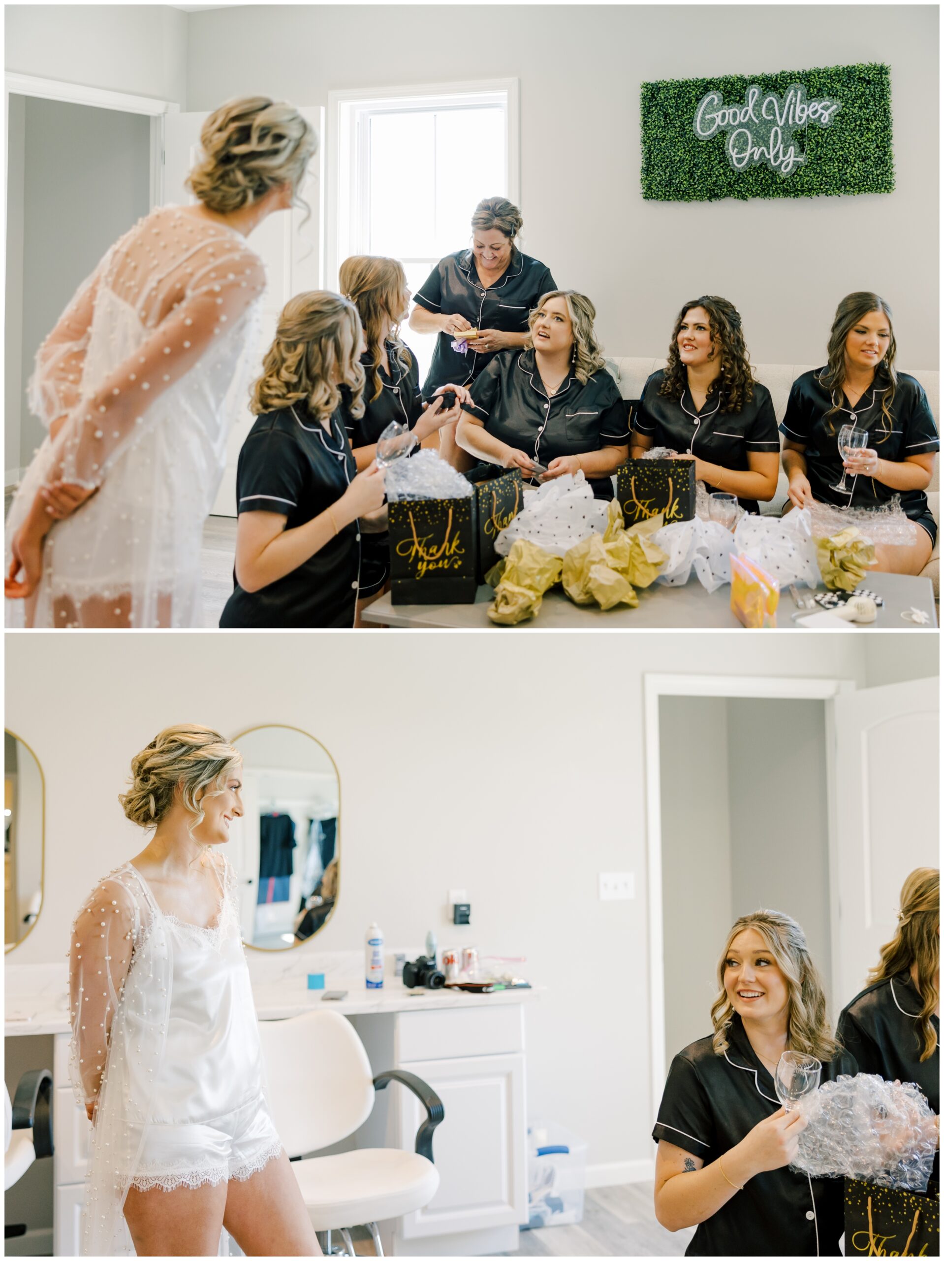 Bride giving gifts to the bridesmaids.