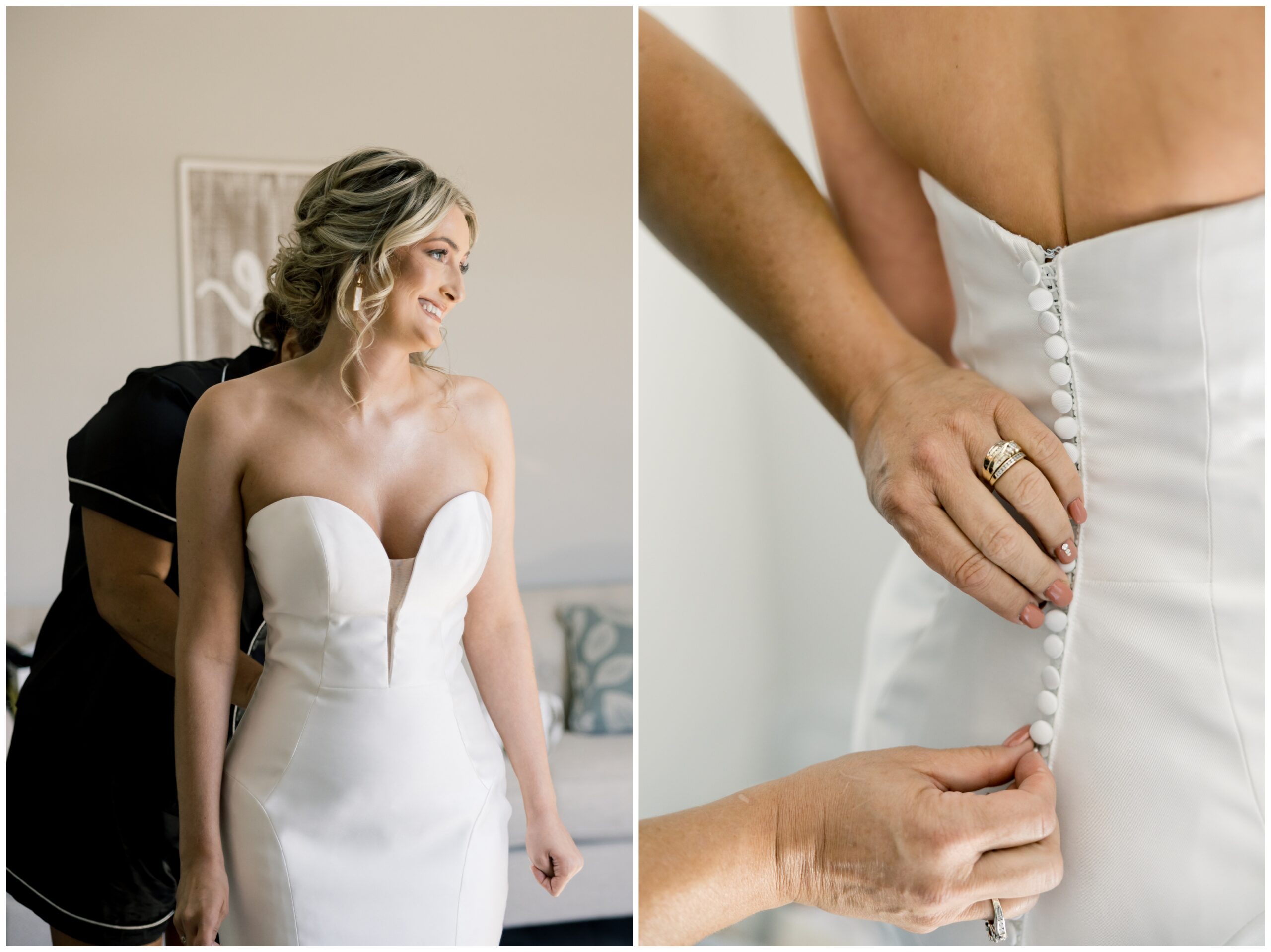 Bride getting dress buttoned up. Fitted mermaid dress. Classy wedding.