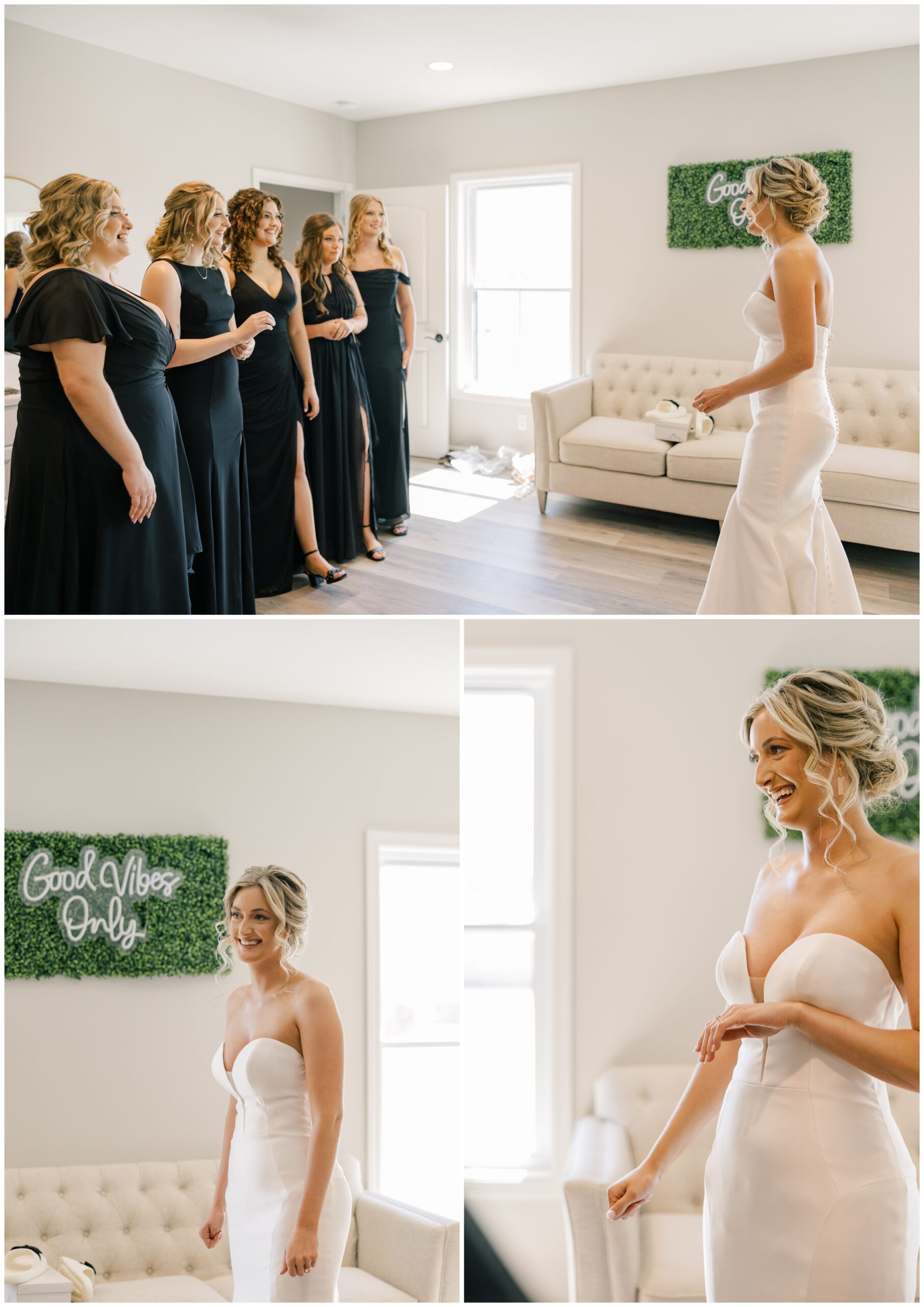 Bridesmaids admiring the bride in her gown before the ceremony.