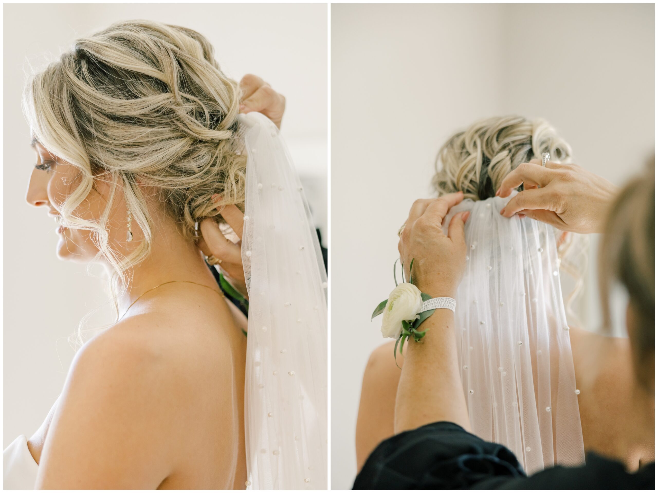 Bride getting her pearl veil put in.