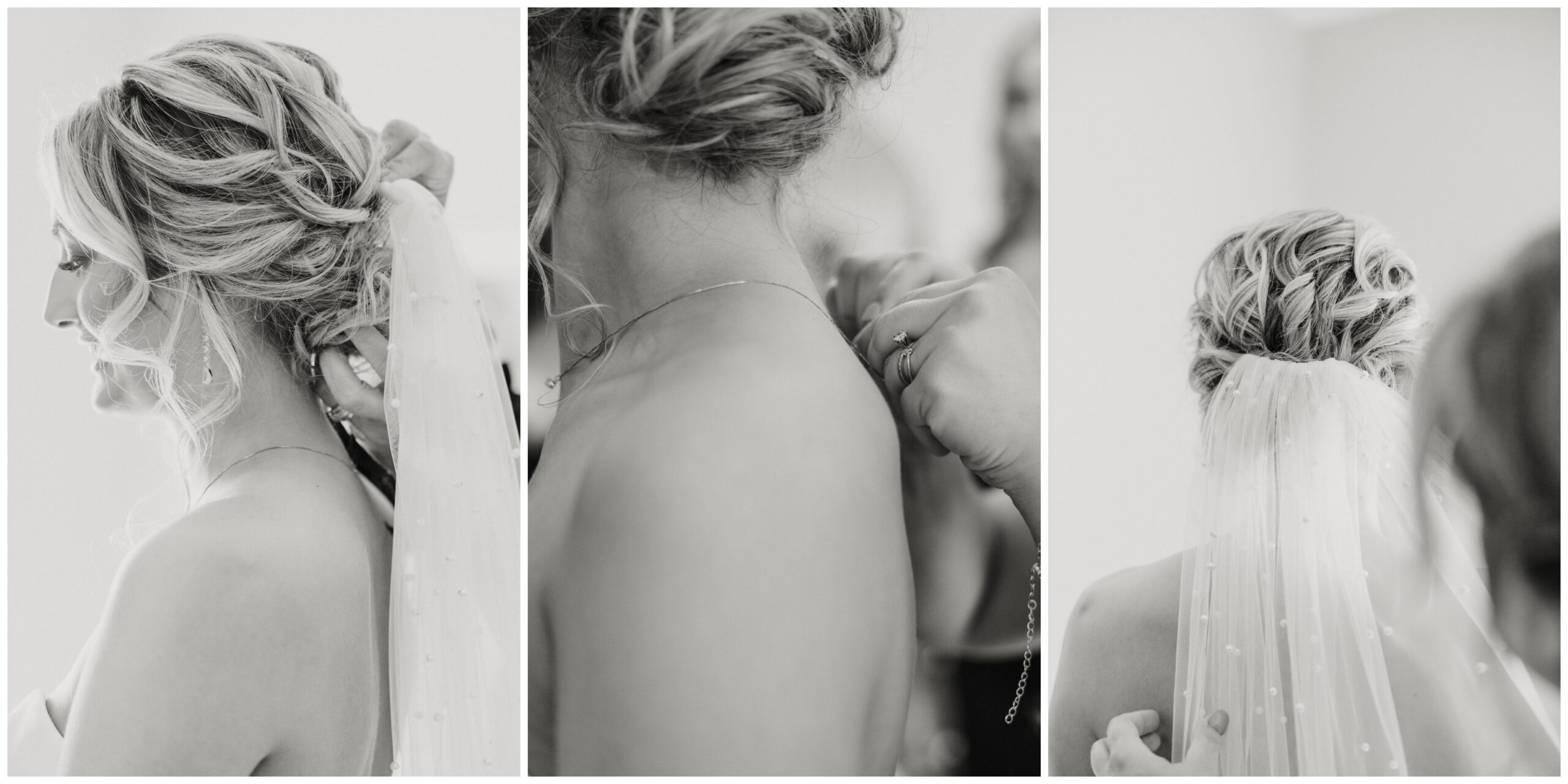 Mother of the bride helping with her pearl veil and putting on her necklace.