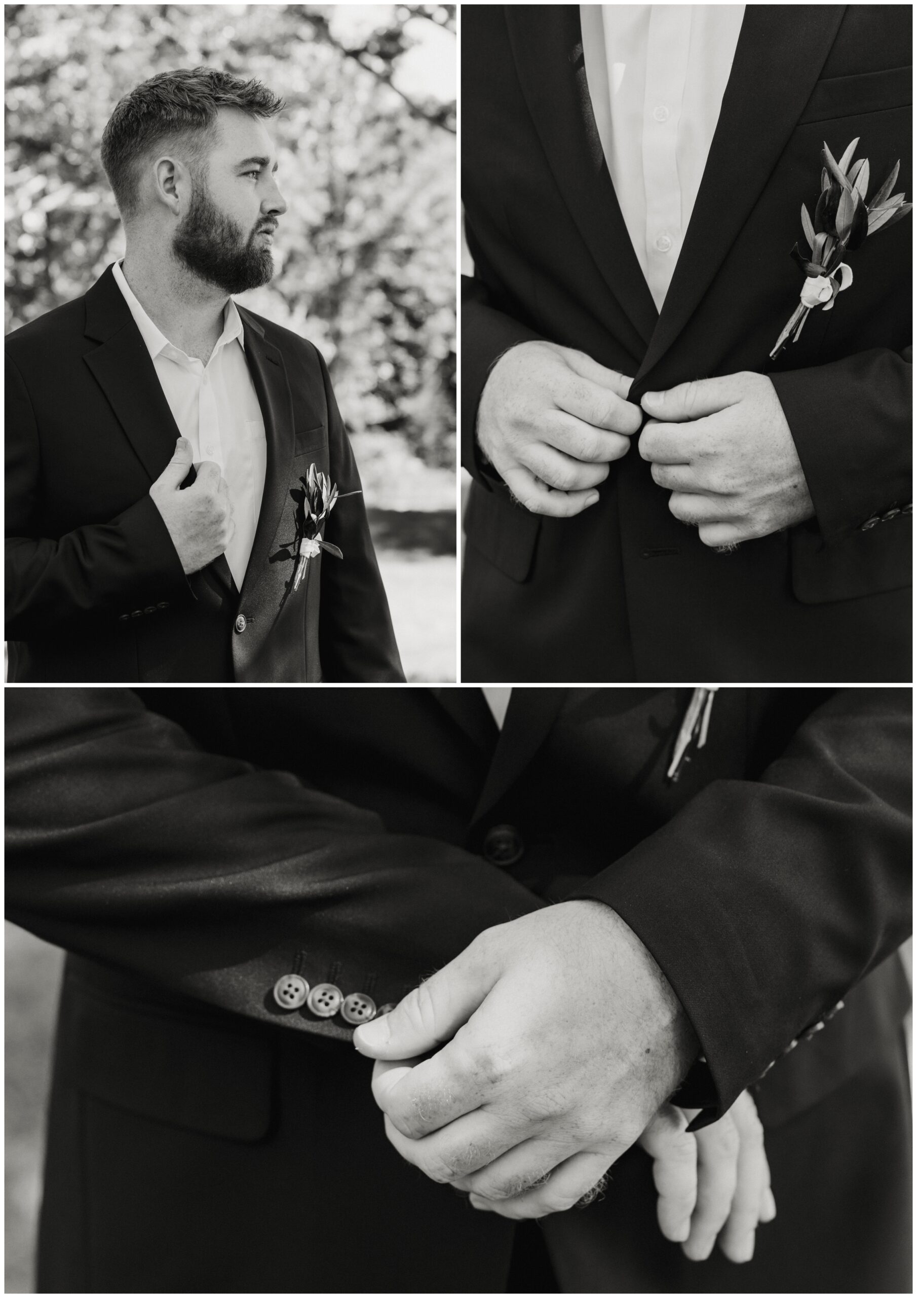 The groom getting ready, adjusting his suit jacket.