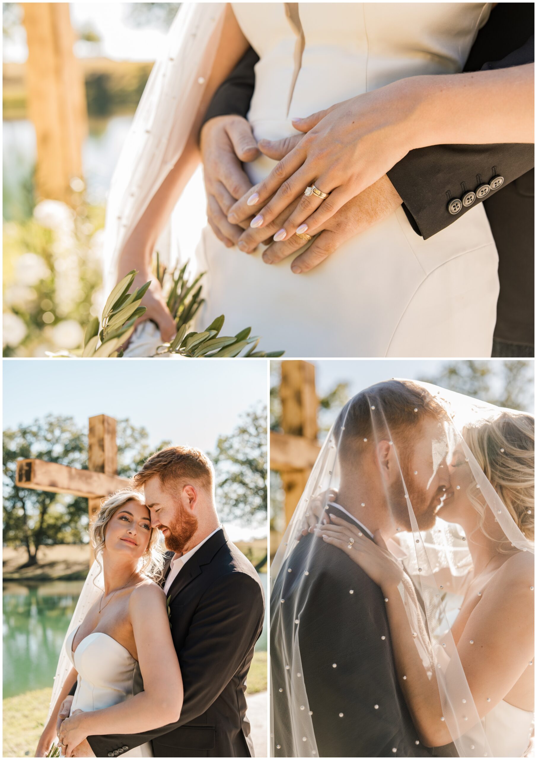 Bride and groom portraits with a serene pond in the background.