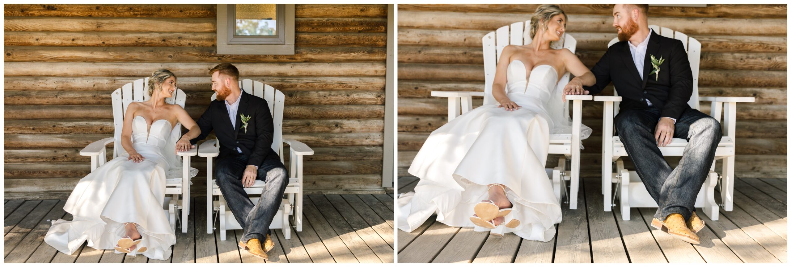 Romantic portrait of the couple seated in front of their barn wedding lodge.