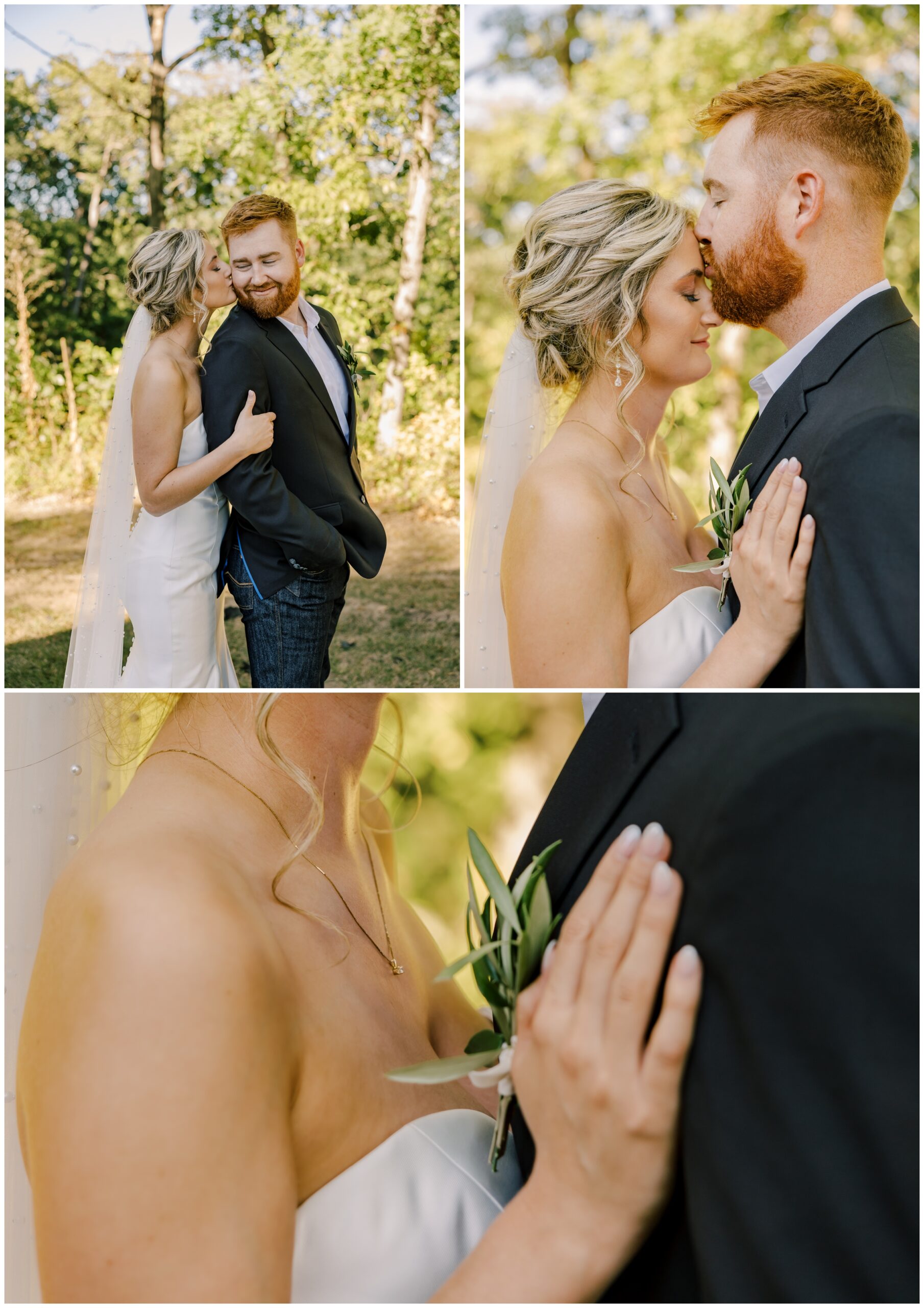 Romantic couple’s portrait framed by lush greenery at a barn wedding.