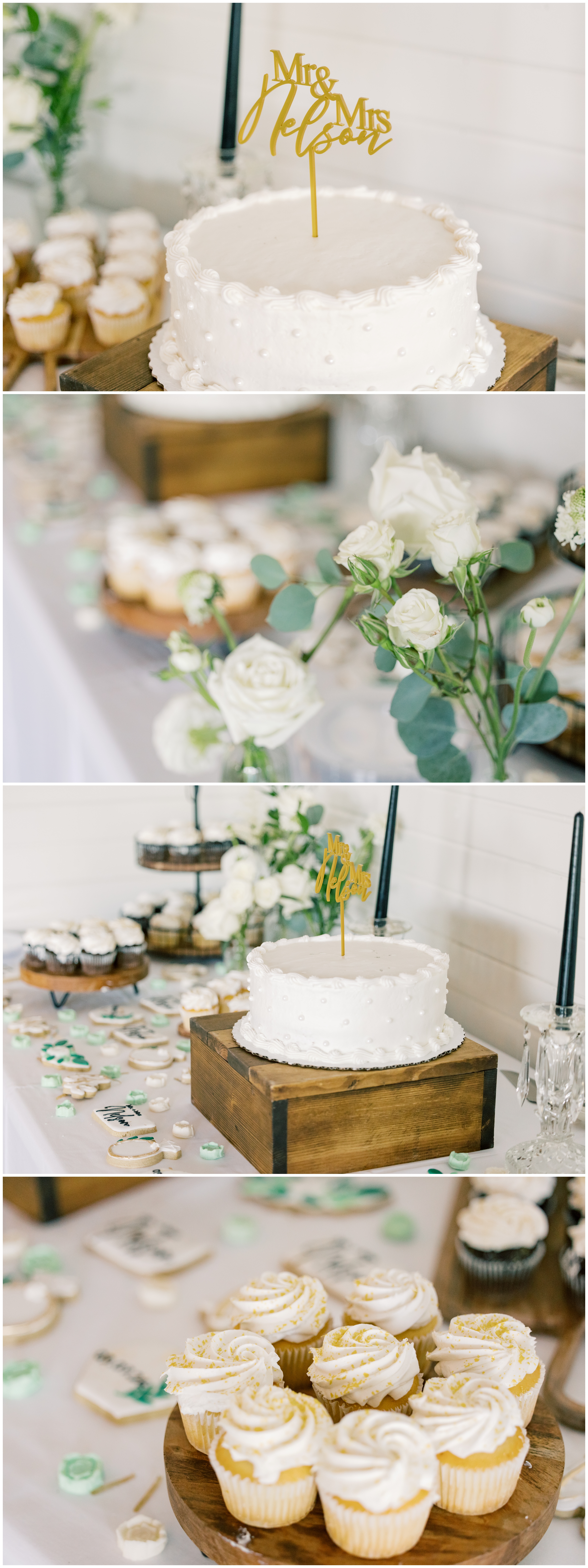 Romantic wedding cake with modern design elements at a barn venue.