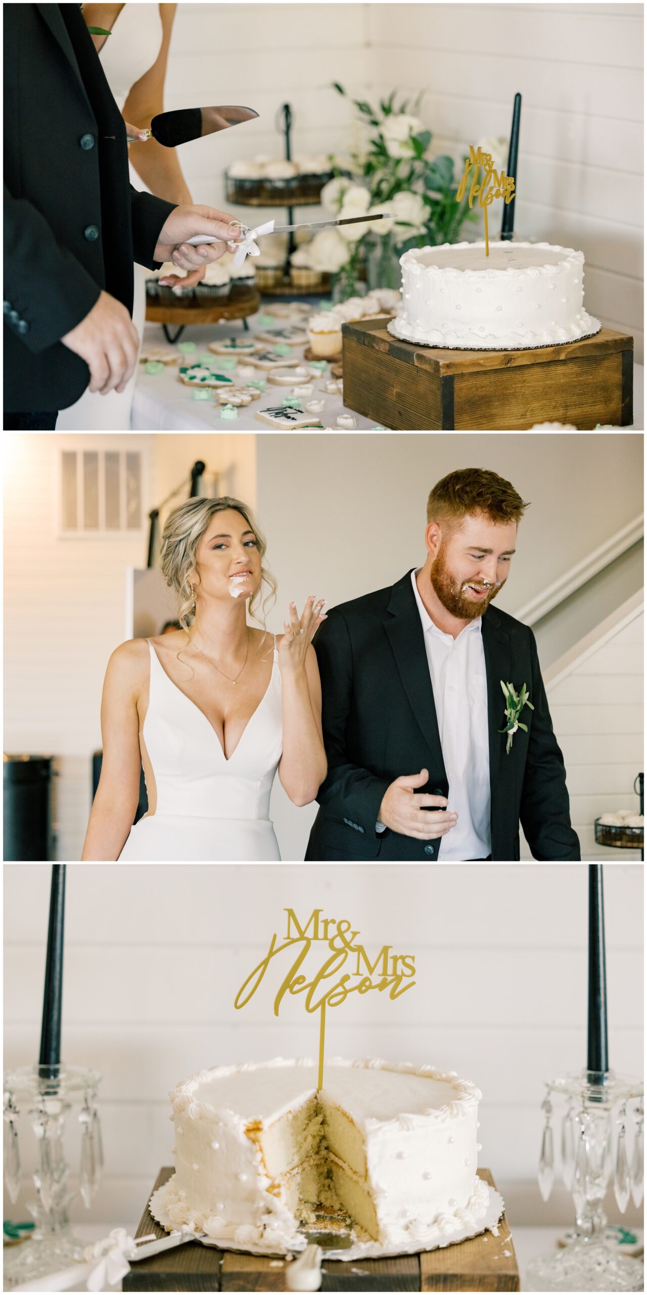 Elegant South Dakota wedding cake cutting with pearl and floral decor.