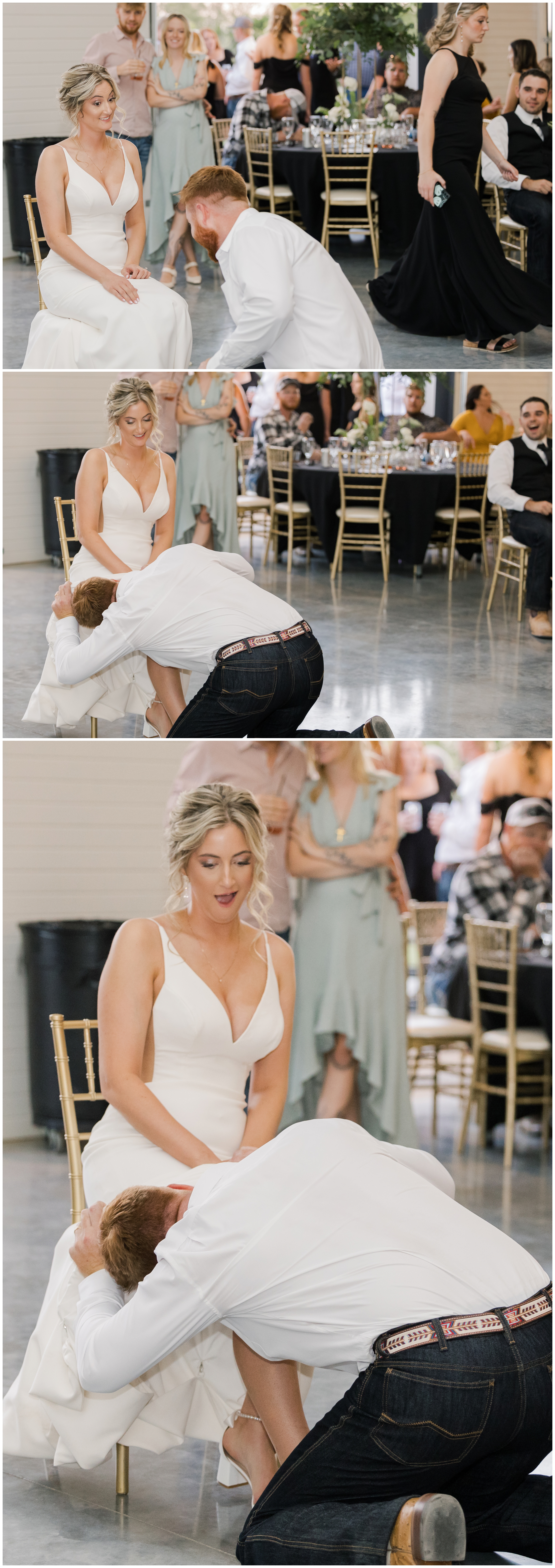 Garter toss with funny reaction from the bride.