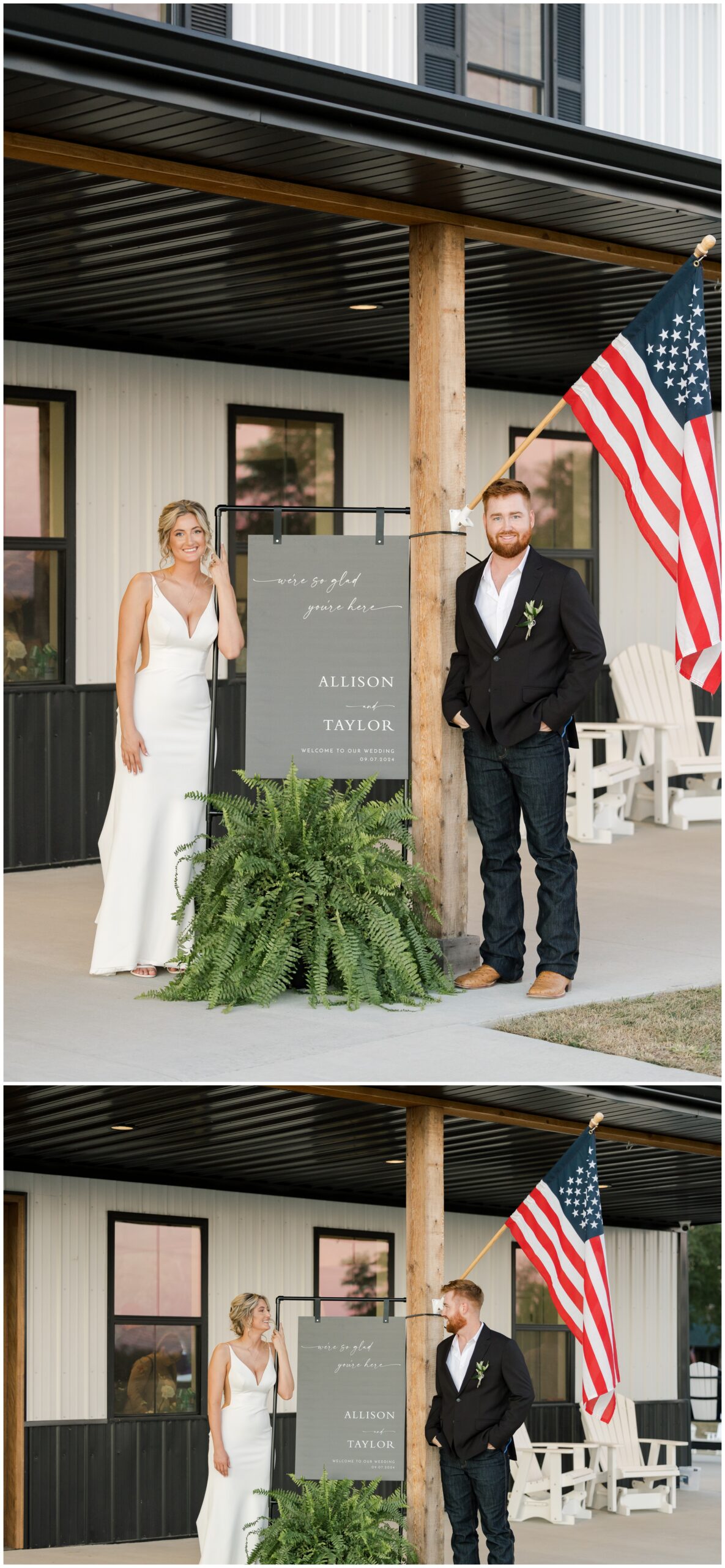 Bride and groom standing in front of the beautiful black and white barn venue.